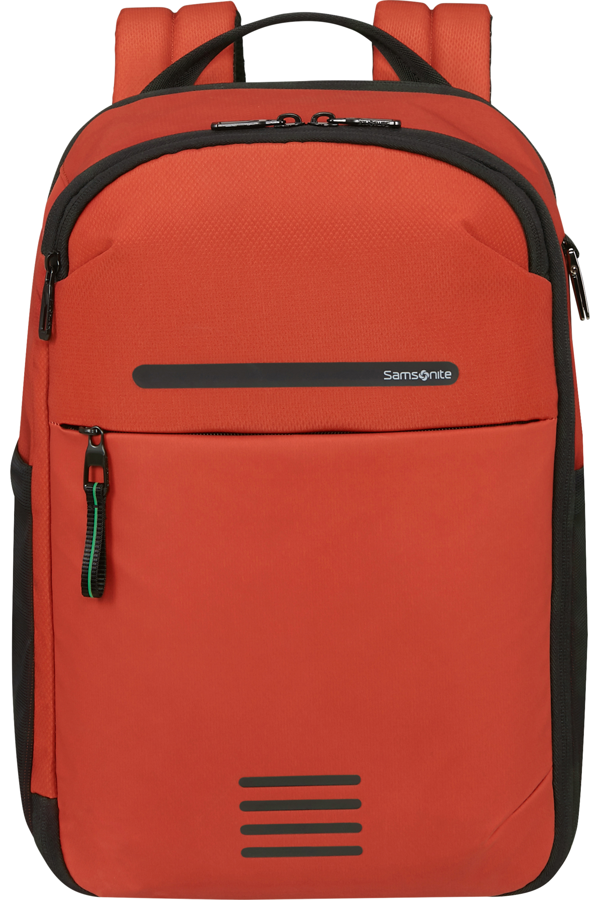 Piros Samsonite hátizsák fekete díszítéssel, cipzárral és zöld húzóval. Samsonite logó és vonalak.