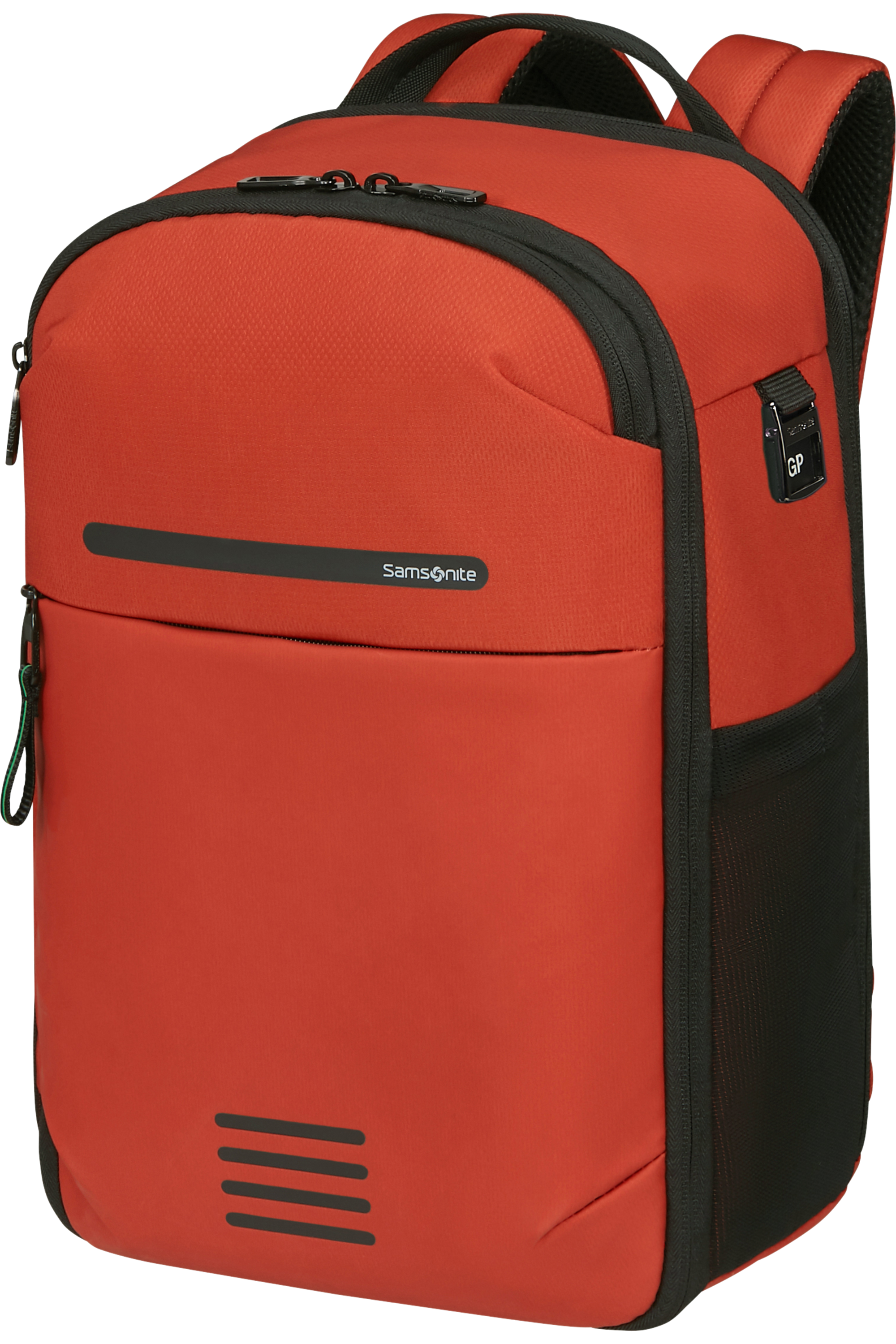 Piros Samsonite hátizsák fekete díszítésekkel, cipzárral és hálós oldalzsebbel. Samsonite logóval.