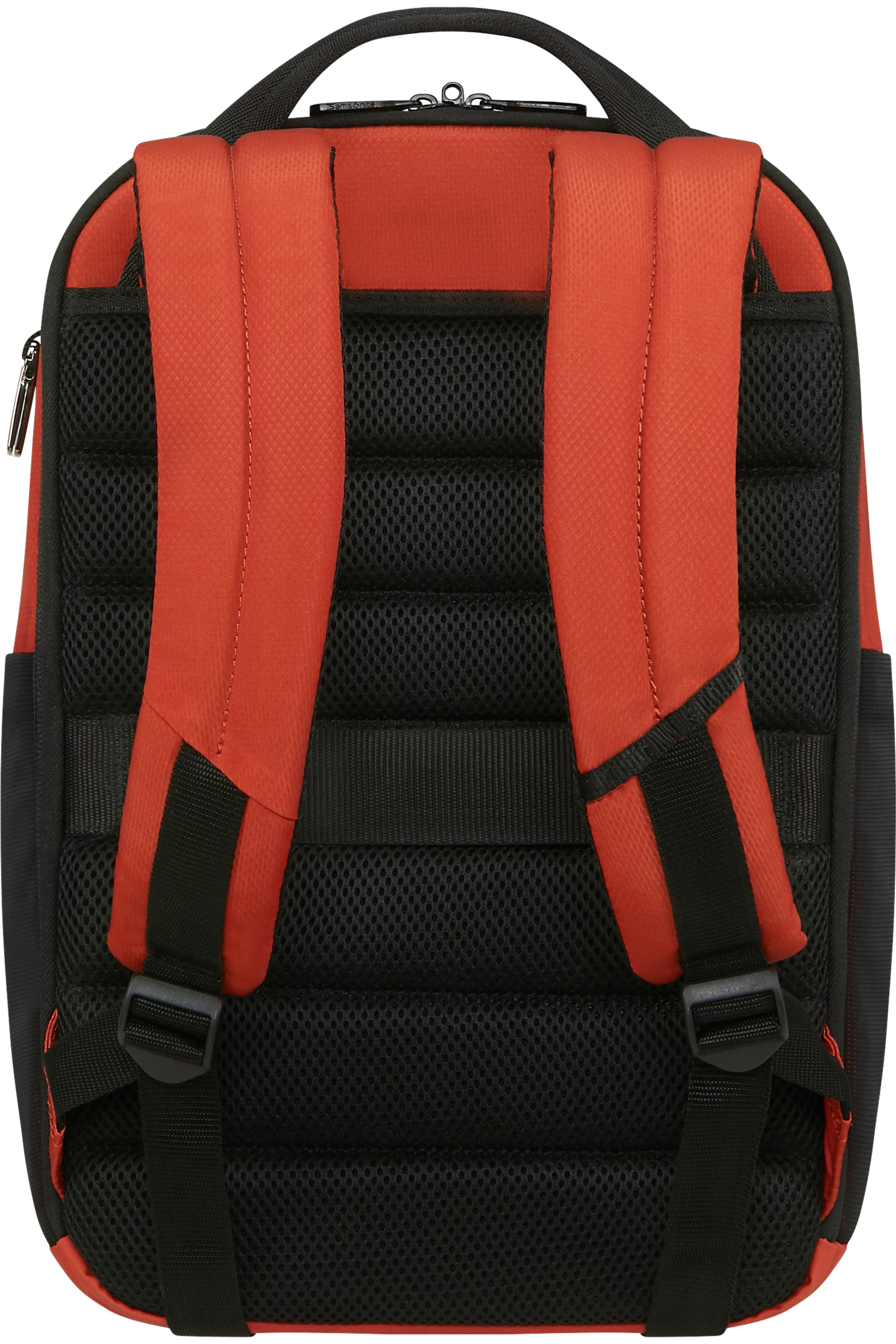 Hátizsák, fekete hálós hát, piros pántok, fekete pántok, cipzár és fogantyú. Samsonite logó látható.
