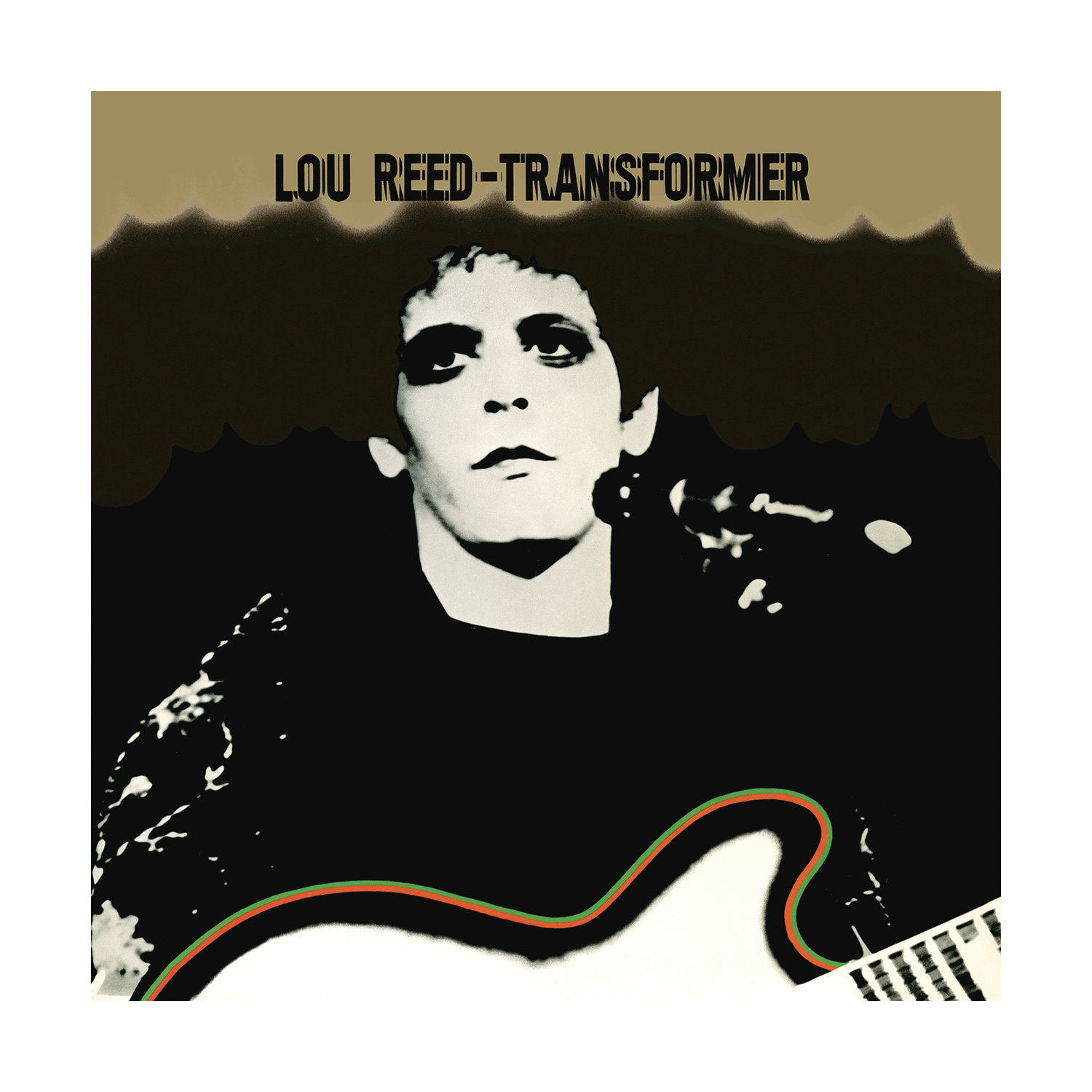 Copertina dell'album di Lou Reed - Transformer. Il volto di Reed è al centro, una chitarra in basso. Lo sfondo è scuro.