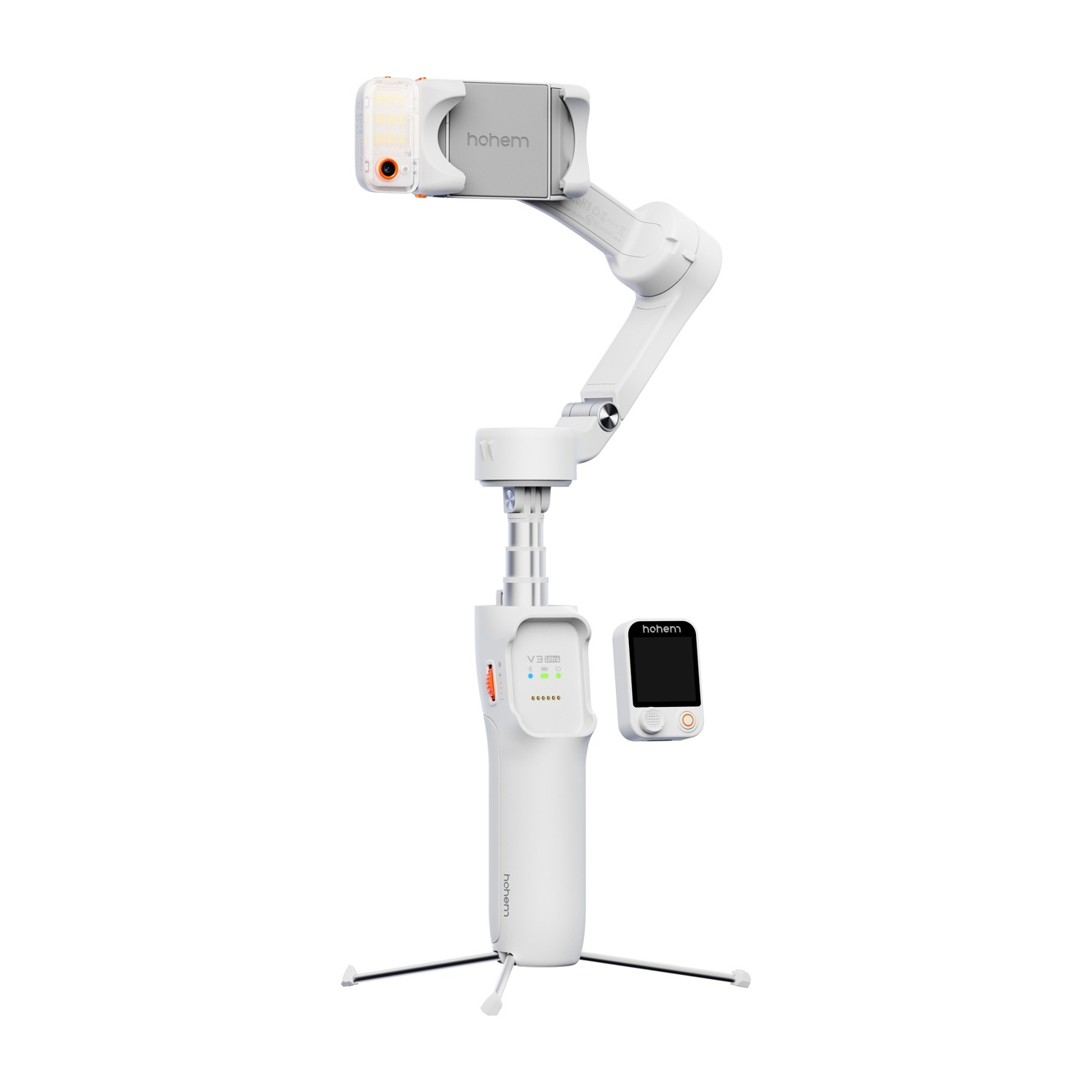 È visualizzato uno stabilizzatore per smartphone Hohem V3 Ultra bianco. Accanto c'è un piccolo telecomando. Lo stabilizzatore ha una base a treppiede.