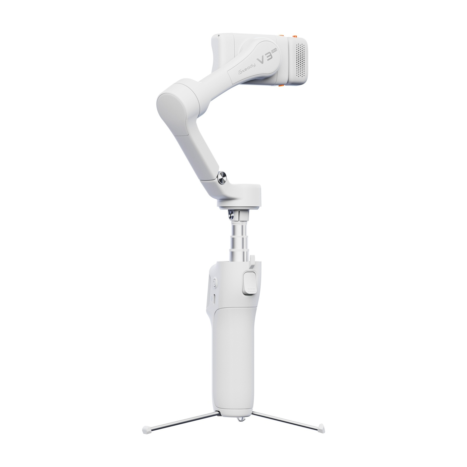 Uno stabilizzatore gimbal 'Steady V3' bianco con base a treppiede. Il dispositivo è su sfondo bianco. È progettato per stabilizzare una fotocamera.