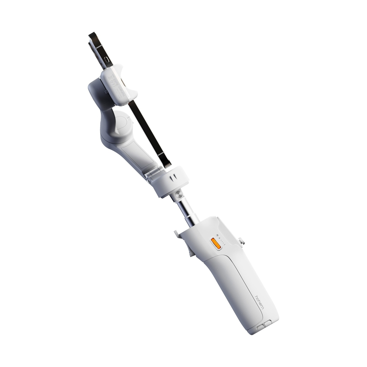 Uno stabilizzatore per smartphone bianco portatile, angolato. Ha un morsetto per telefono, un braccio estensibile e un'impugnatura con pulsanti. Lo sfondo è bianco.