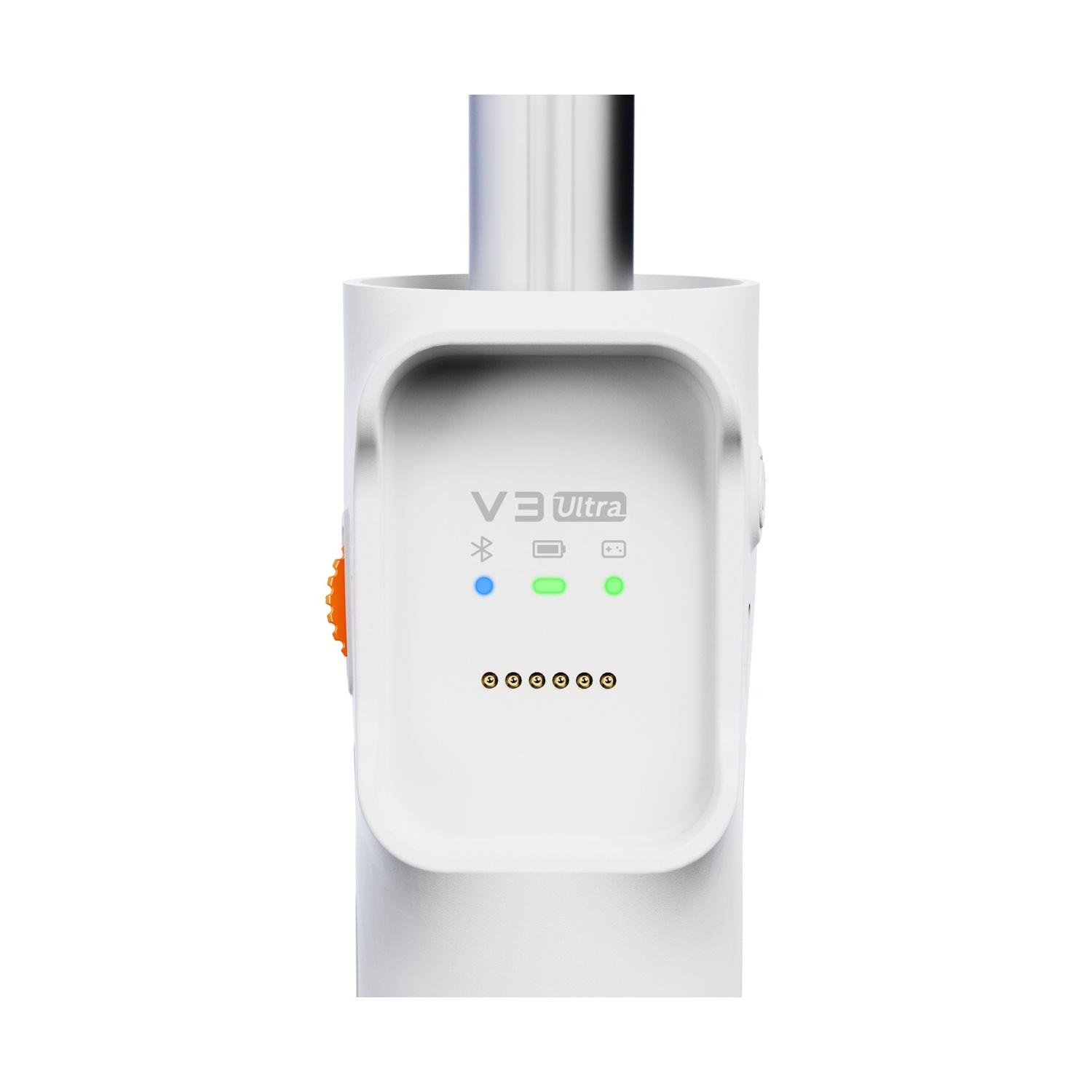 Un dispositivo bianco con la scritta 'V3 Ultra'. Ha luci blu e verdi e una rotella arancione. Il dispositivo è su sfondo bianco.