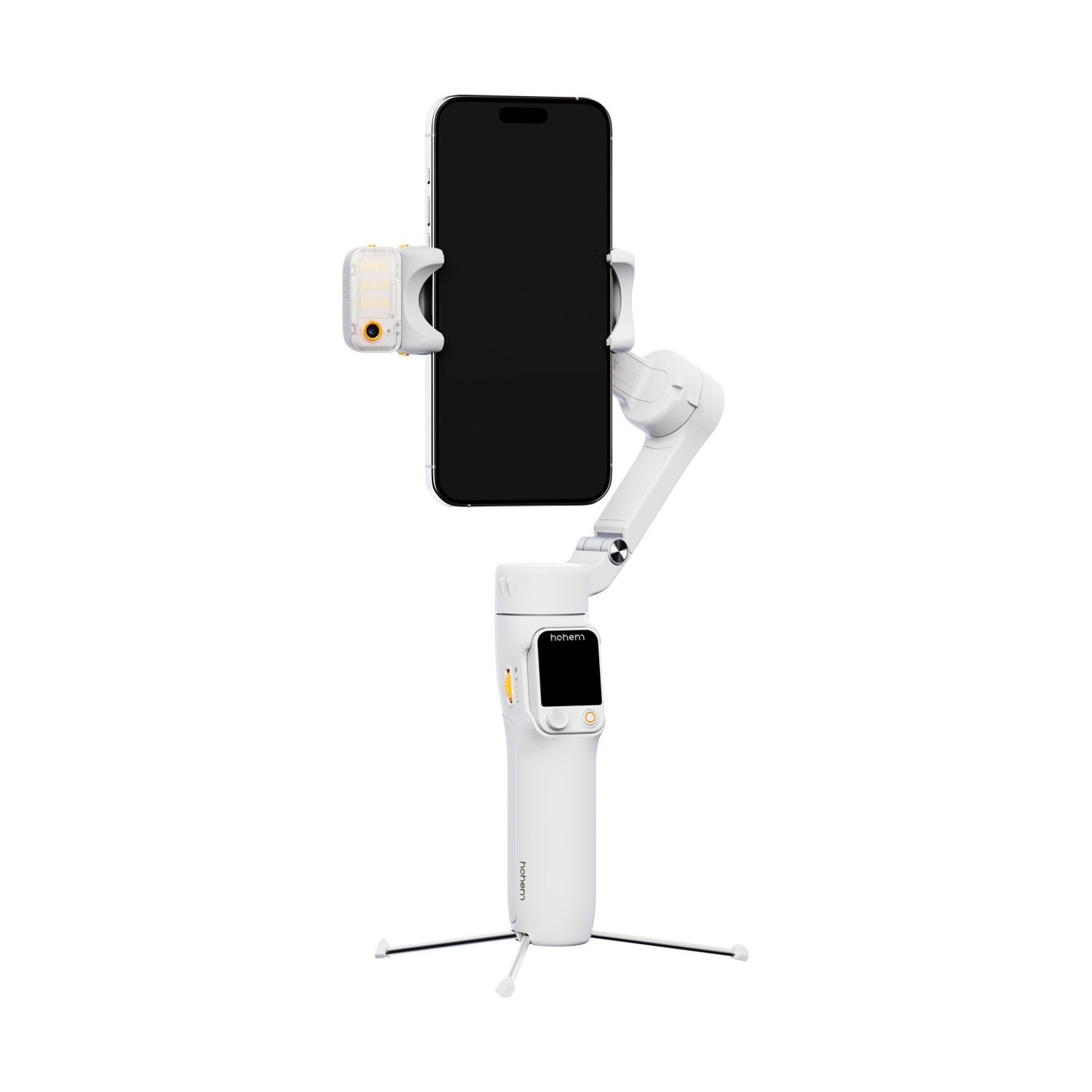 Uno stabilizzatore per telefono bianco tiene uno smartphone con schermo nero. Una piccola luce è agganciata al telefono. Lo stabilizzatore ha un piccolo treppiede.