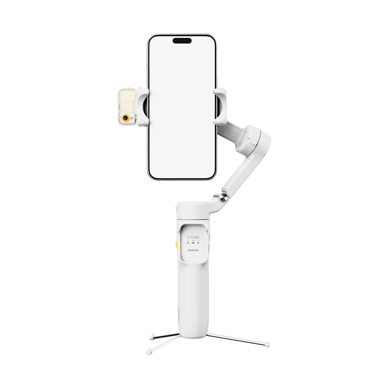 Uno stabilizzatore per telefono bianco con un telefono collegato. Una piccola luce è agganciata al telefono. Il dispositivo è su un treppiede.