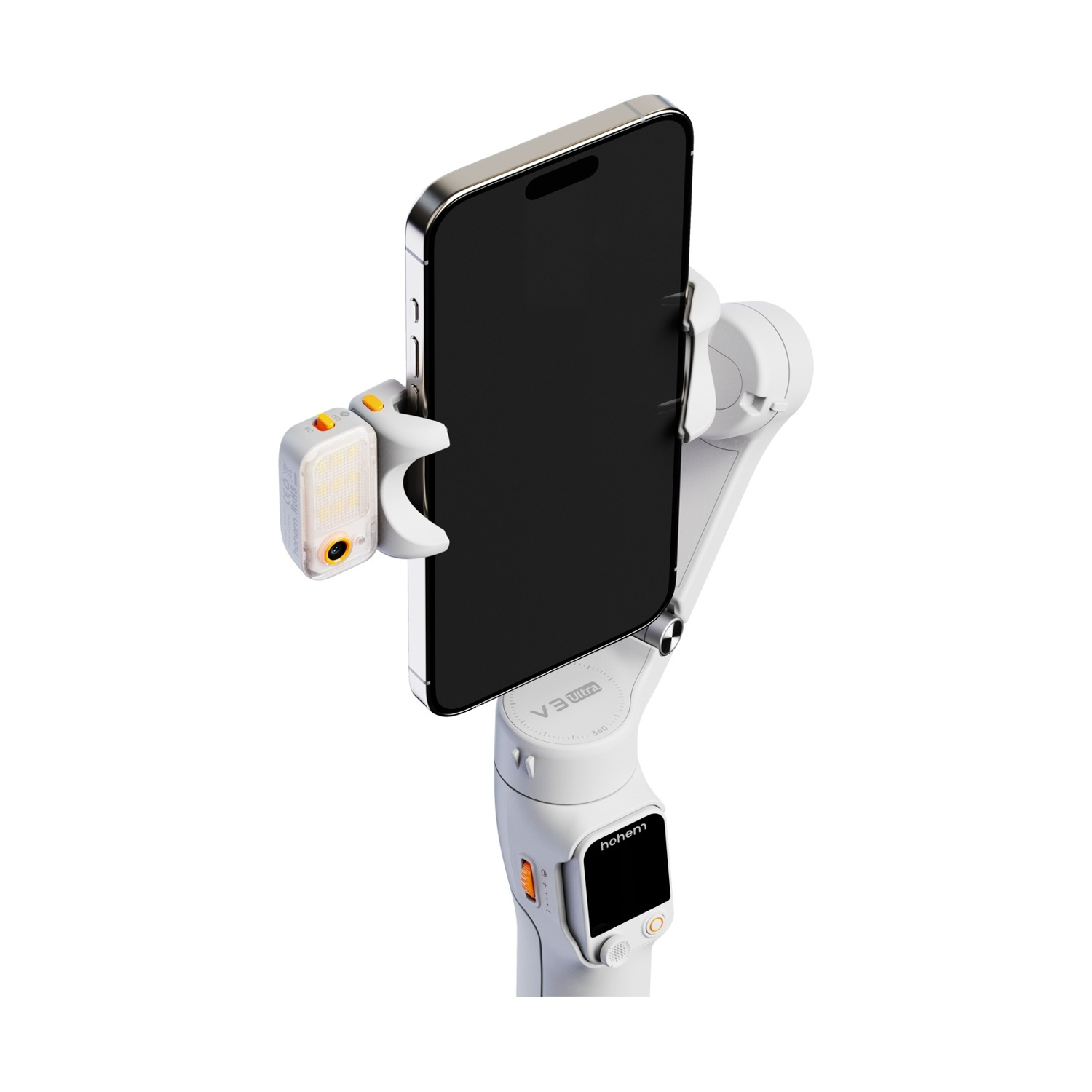 Uno stabilizzatore per telefono bianco tiene un telefono nero. Una luce collegata è sul lato. Lo sfondo è bianco.