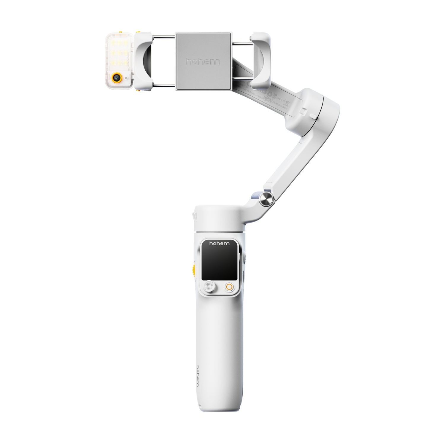 Uno stabilizzatore gimbal Hohem bianco. Ha un morsetto per telefono, un piccolo schermo e un'impugnatura. Lo sfondo è bianco.