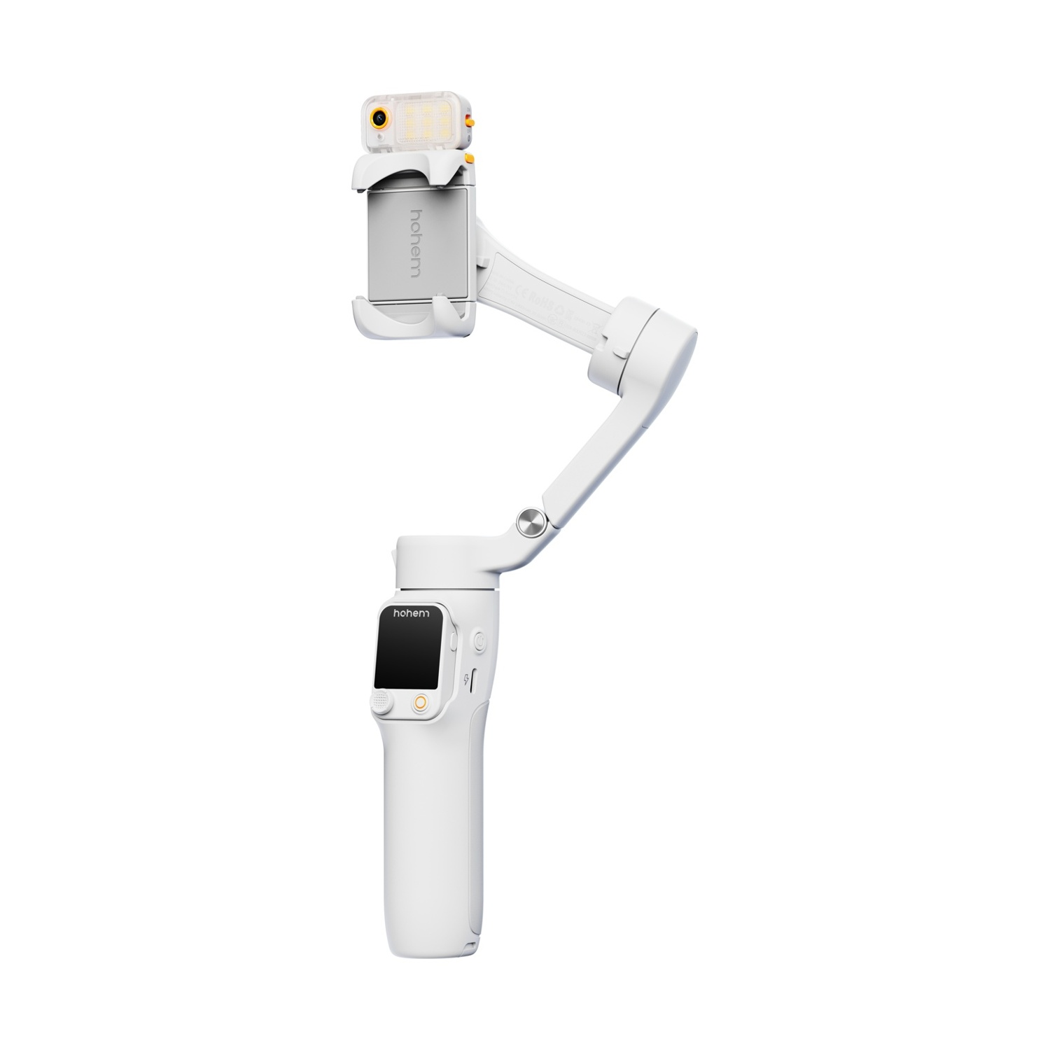 Uno stabilizzatore per telefono Hohem bianco, con supporto per telefono e un piccolo schermo sull'impugnatura, su sfondo bianco.