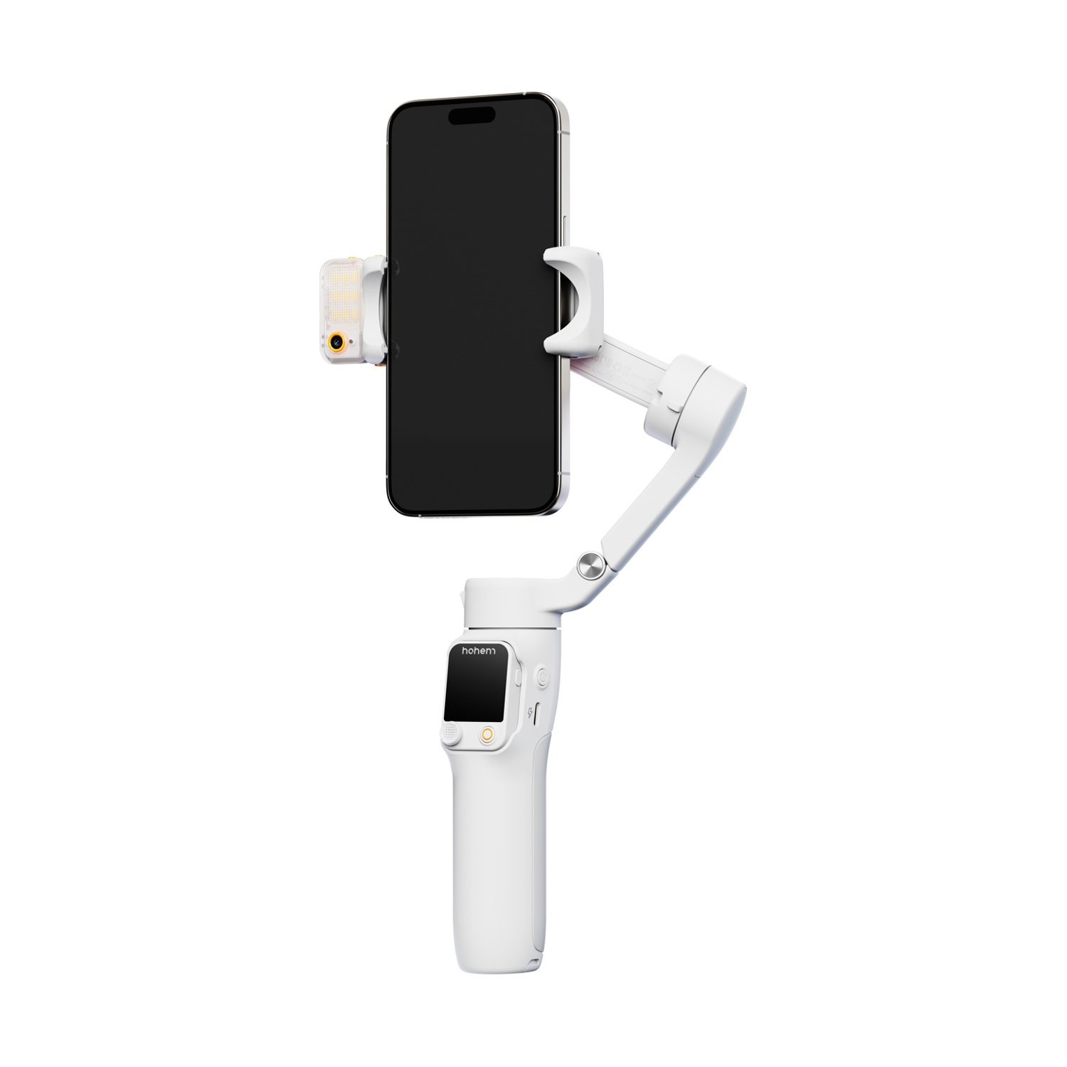Uno stabilizzatore per telefono bianco con un telefono nero attaccato. Lo stabilizzatore ha un piccolo schermo, pulsanti e una luce.