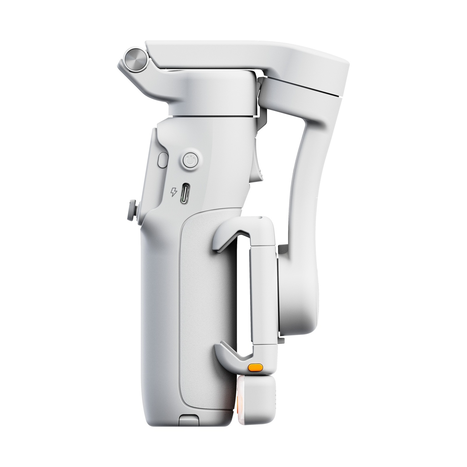 Stabilizzatore gimbal bianco, vista laterale. Presenta pulsanti, porta USB e indicatori arancioni. Isolato su sfondo bianco.