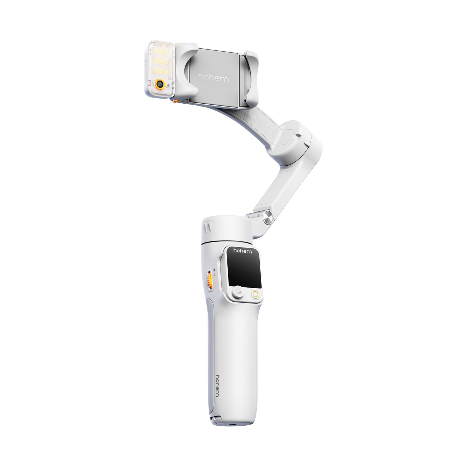Uno stabilizzatore gimbal Hohem bianco con supporto per telefono e luce LED. Ha uno schermo e pulsanti sull'impugnatura.