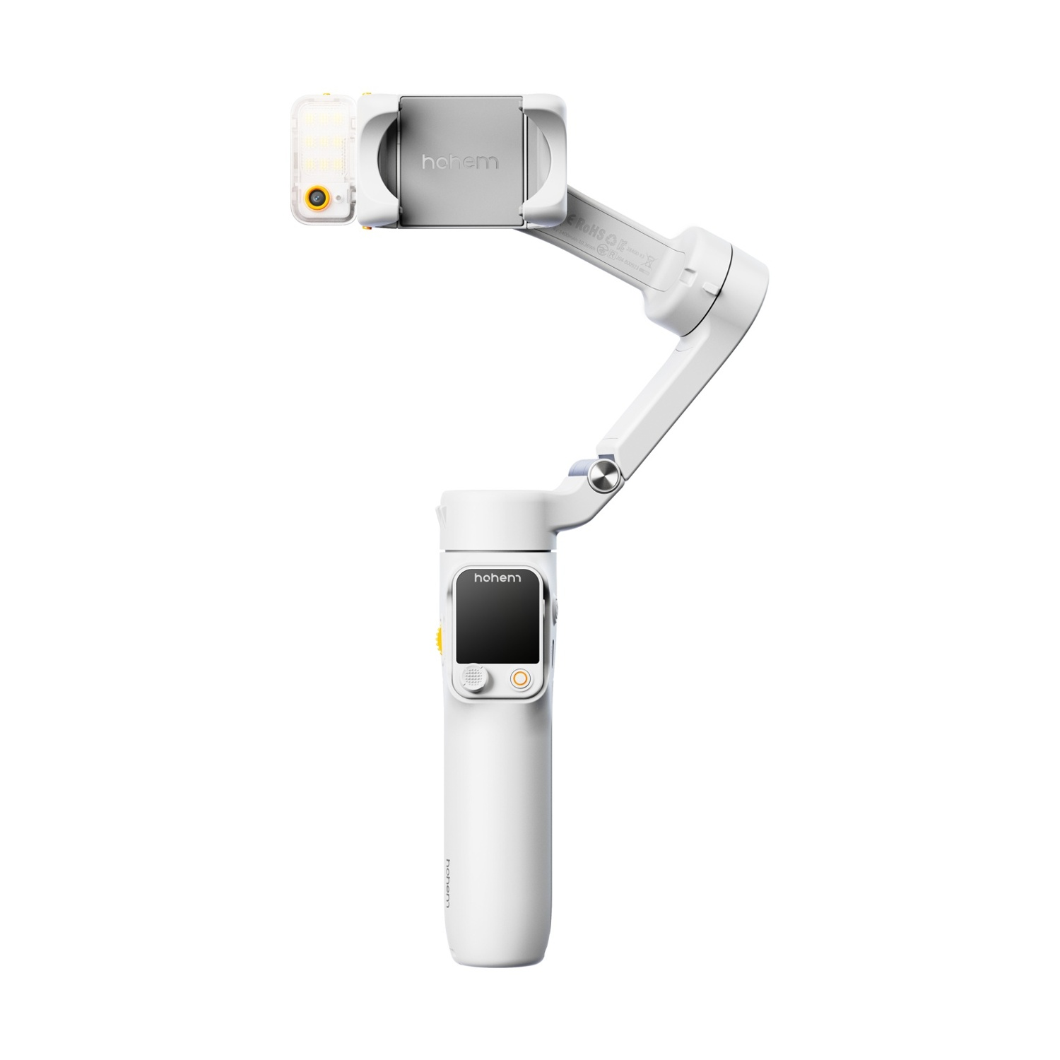 Uno stabilizzatore per telefono Hohem bianco, con supporto per telefono, luce e pulsanti di controllo. Si erge su sfondo bianco.