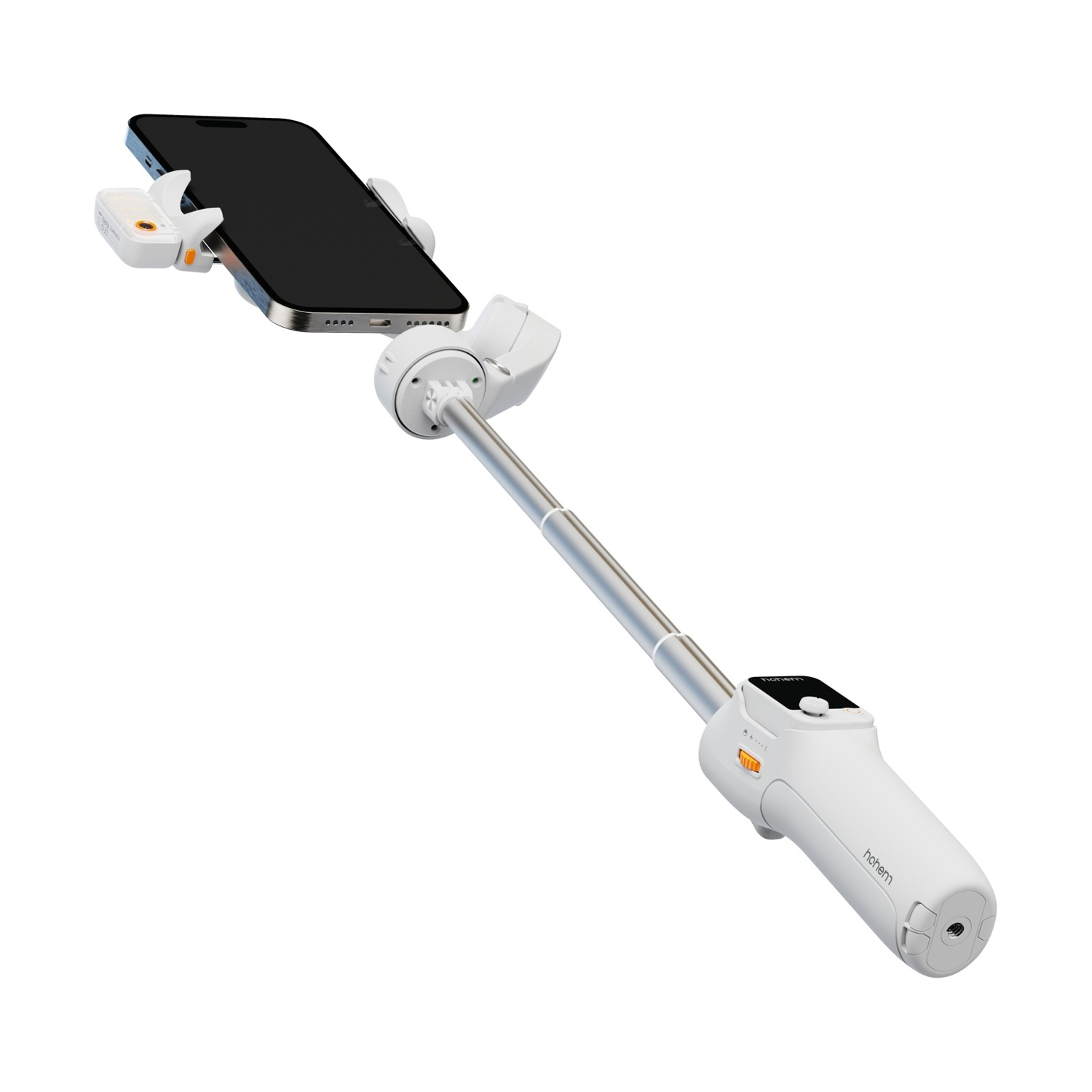 Uno stabilizzatore per telefono bianco con un telefono nero attaccato. Lo stabilizzatore è esteso e tenuto ad angolo su uno sfondo bianco.