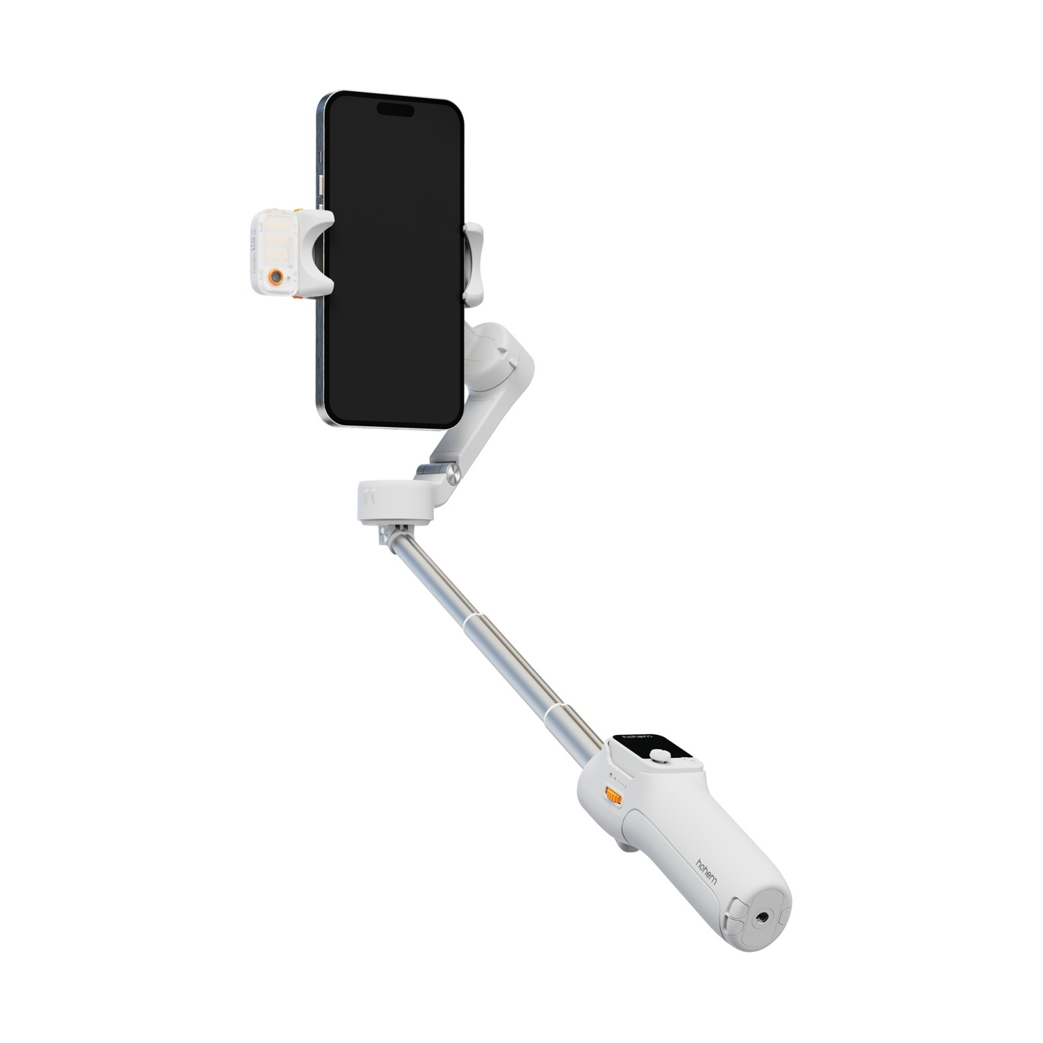 Uno stabilizzatore per telefono bianco con un telefono nero attaccato. Ha una luce e un'impugnatura.
