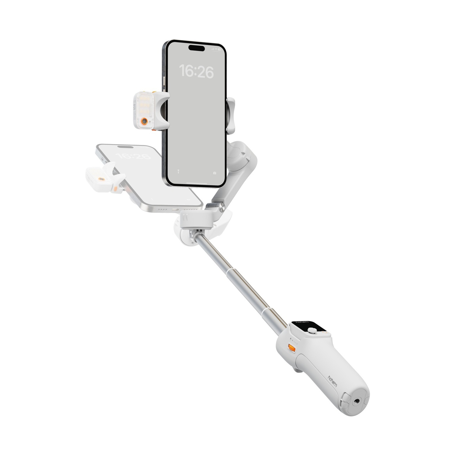 Un bastone per selfie bianco con un telefono collegato. Il telefono mostra le 16:26. Un altro telefono è sotto. Lo sfondo è bianco.