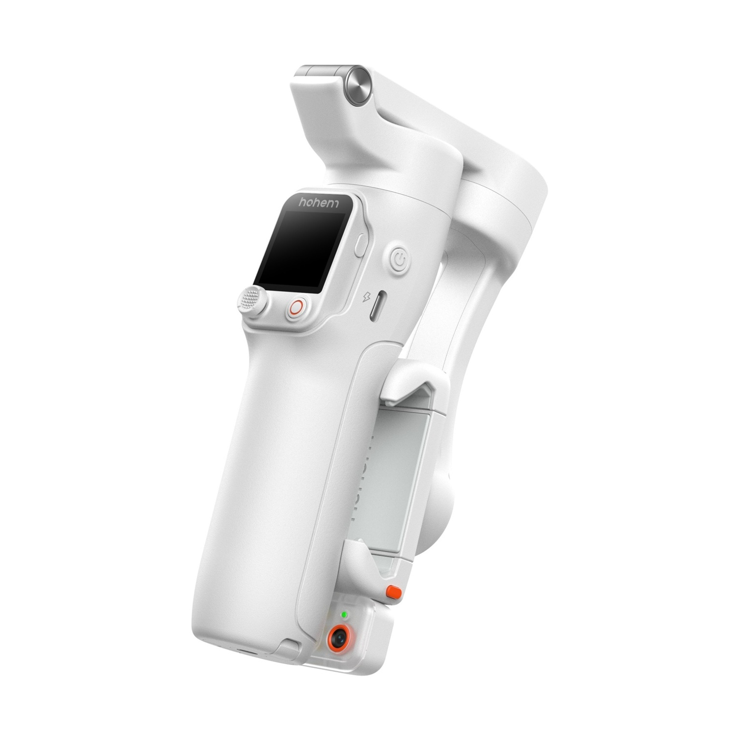 Un gimbal per telefono Hohem bianco. Ha un piccolo schermo, pulsanti e un supporto per telefono. Lo sfondo è bianco.