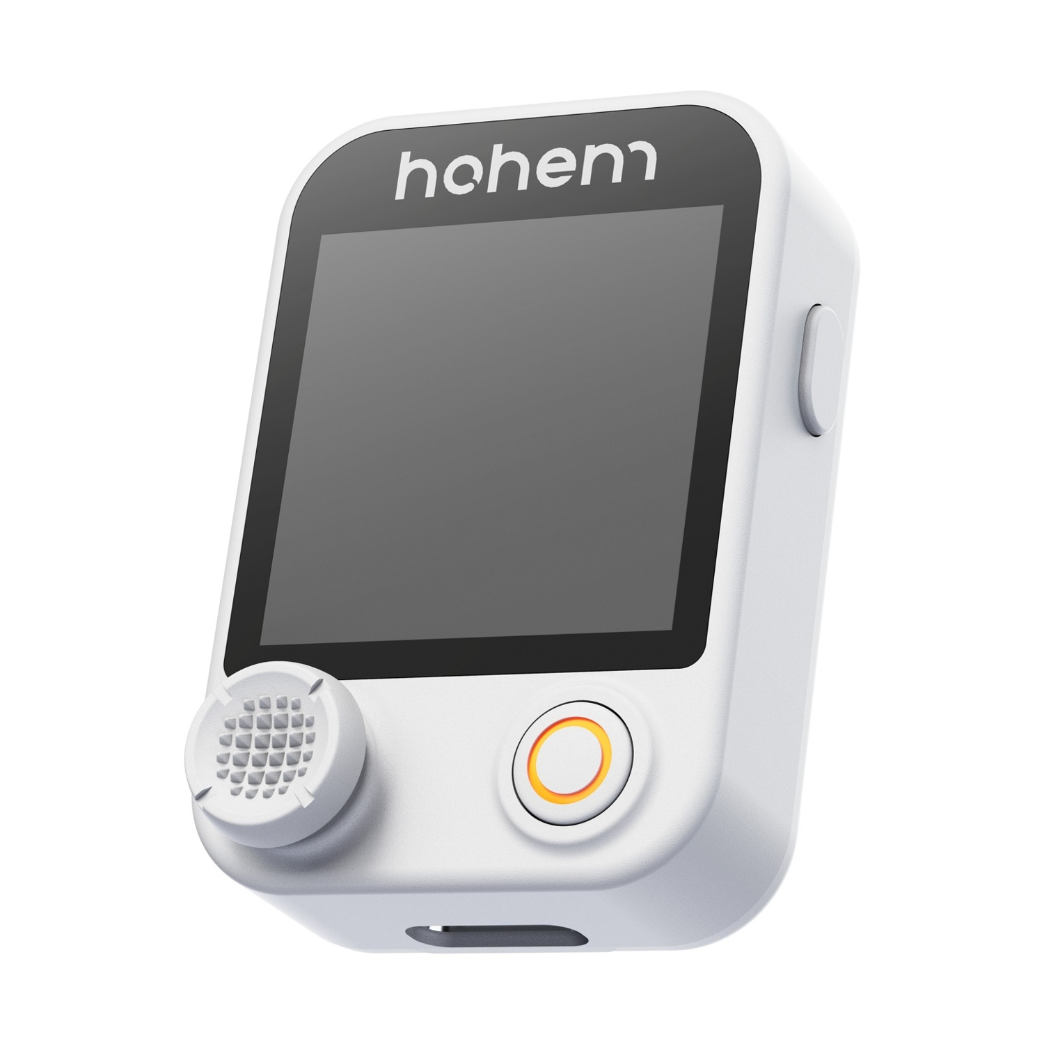 Un dispositivo Hohem bianco con schermo, pulsanti e altoparlante. Lo schermo è scuro, con un logo in alto. Il dispositivo è su sfondo bianco.
