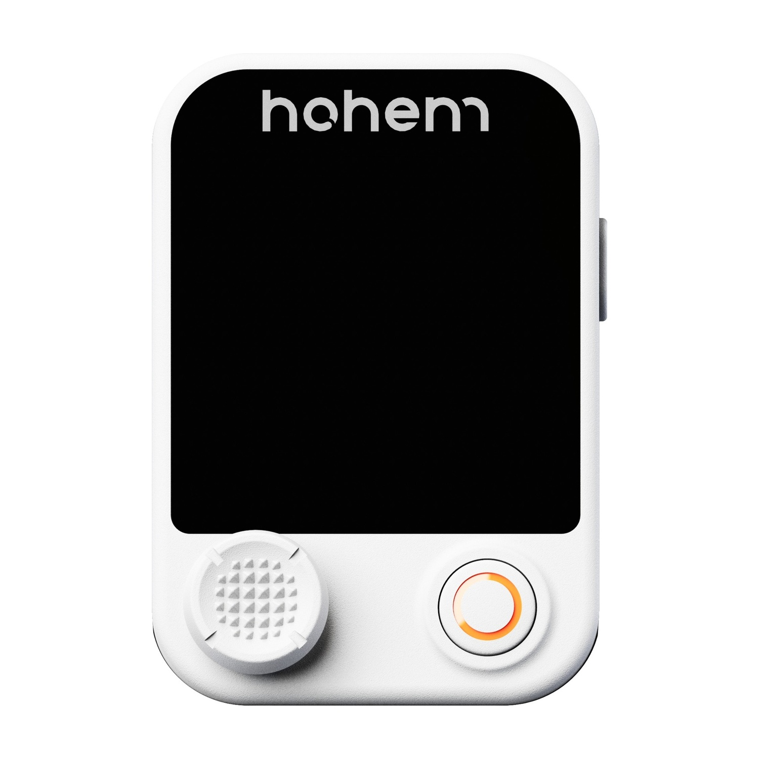 Un dispositivo portatile bianco con schermo nero e la scritta 'hohem'. Ha una manopola di controllo e un pulsante arancione illuminato.