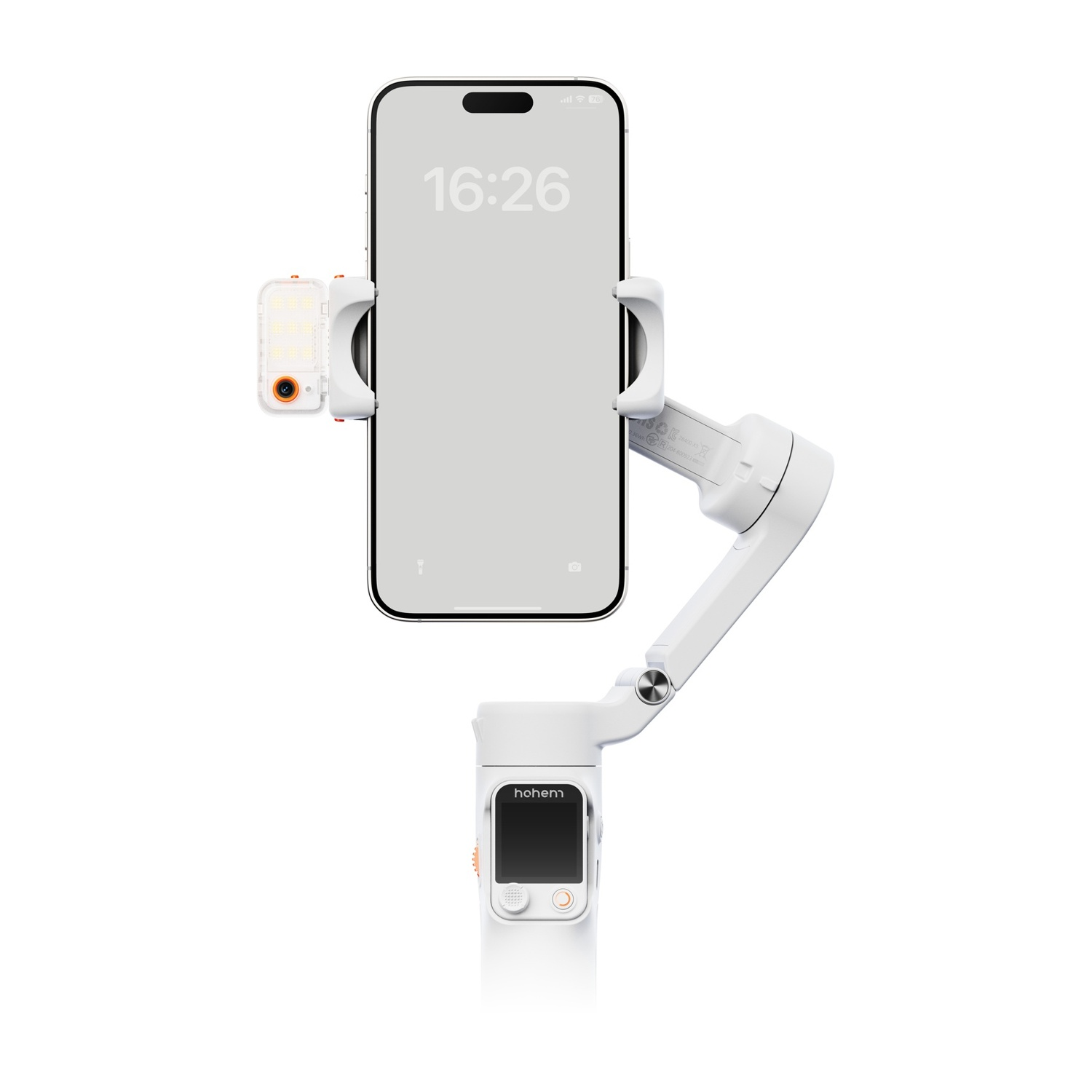 Uno stabilizzatore per telefono bianco tiene uno smartphone che mostra le 16:26. Sono attaccati anche una piccola luce e un pannello di controllo.