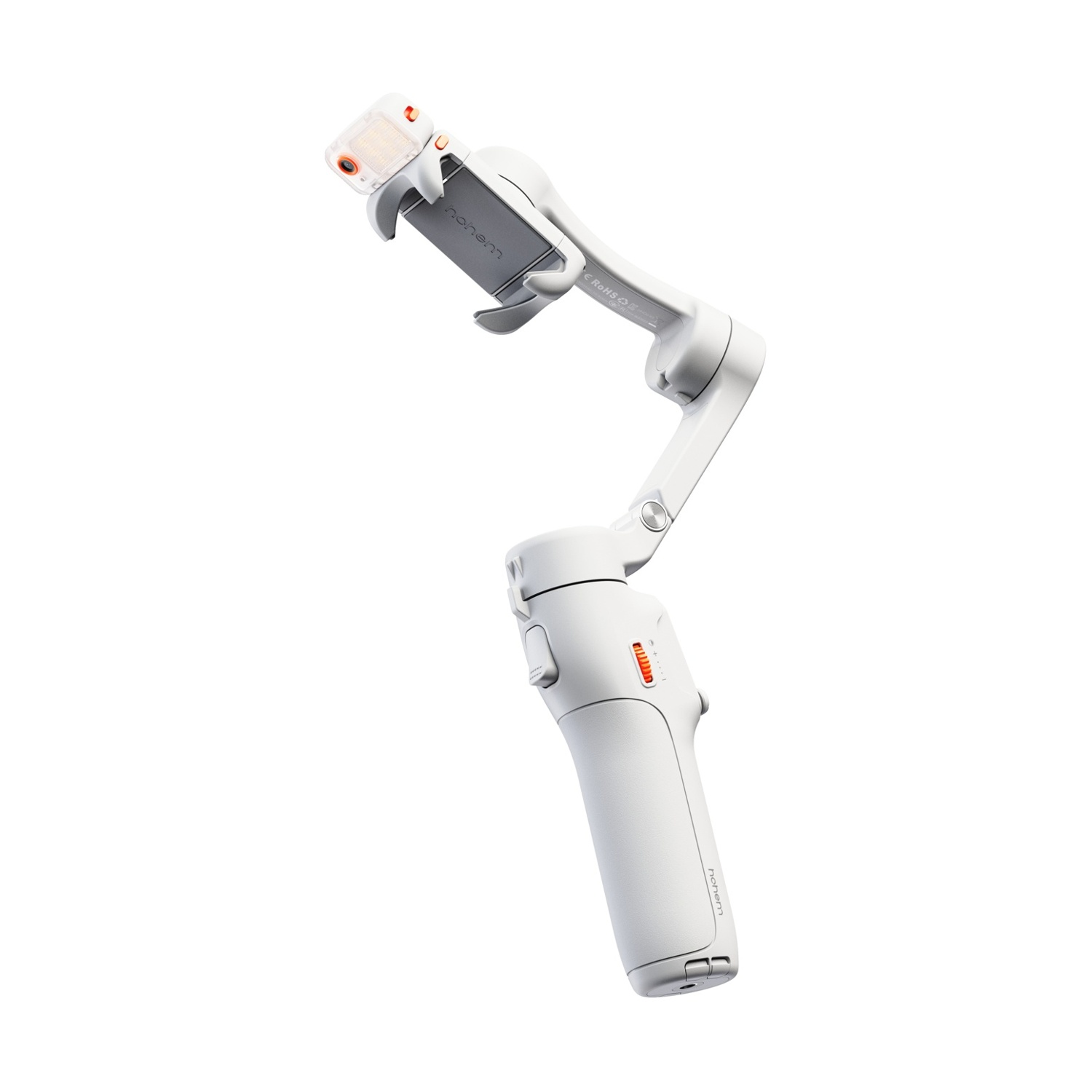 Uno stabilizzatore gimbal bianco portatile con supporto per telefono. Ha un'impugnatura e bracci regolabili, e il marchio è visibile.