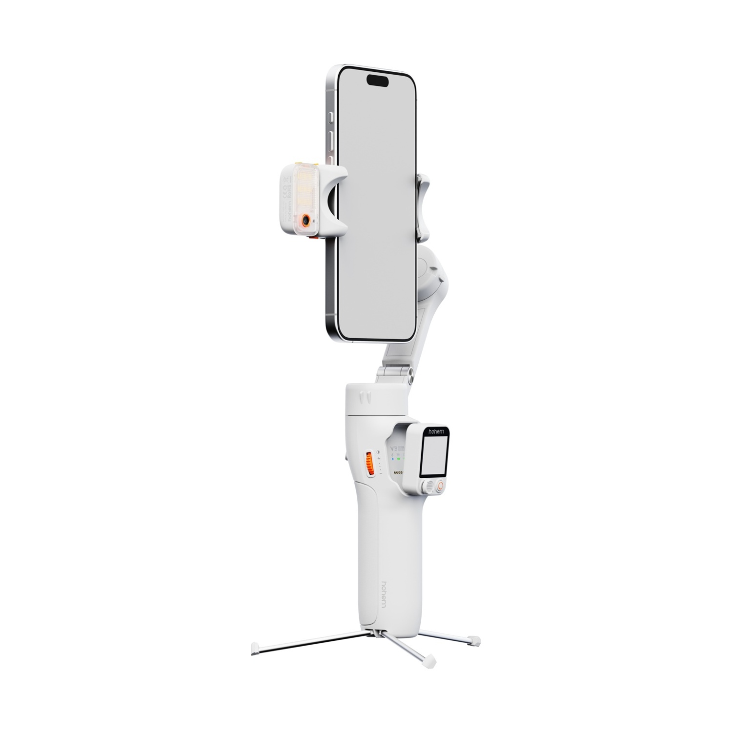 Uno stabilizzatore per telefono bianco con smartphone collegato. Ha una piccola luce e uno schermo sull'impugnatura. Sta su un treppiede.