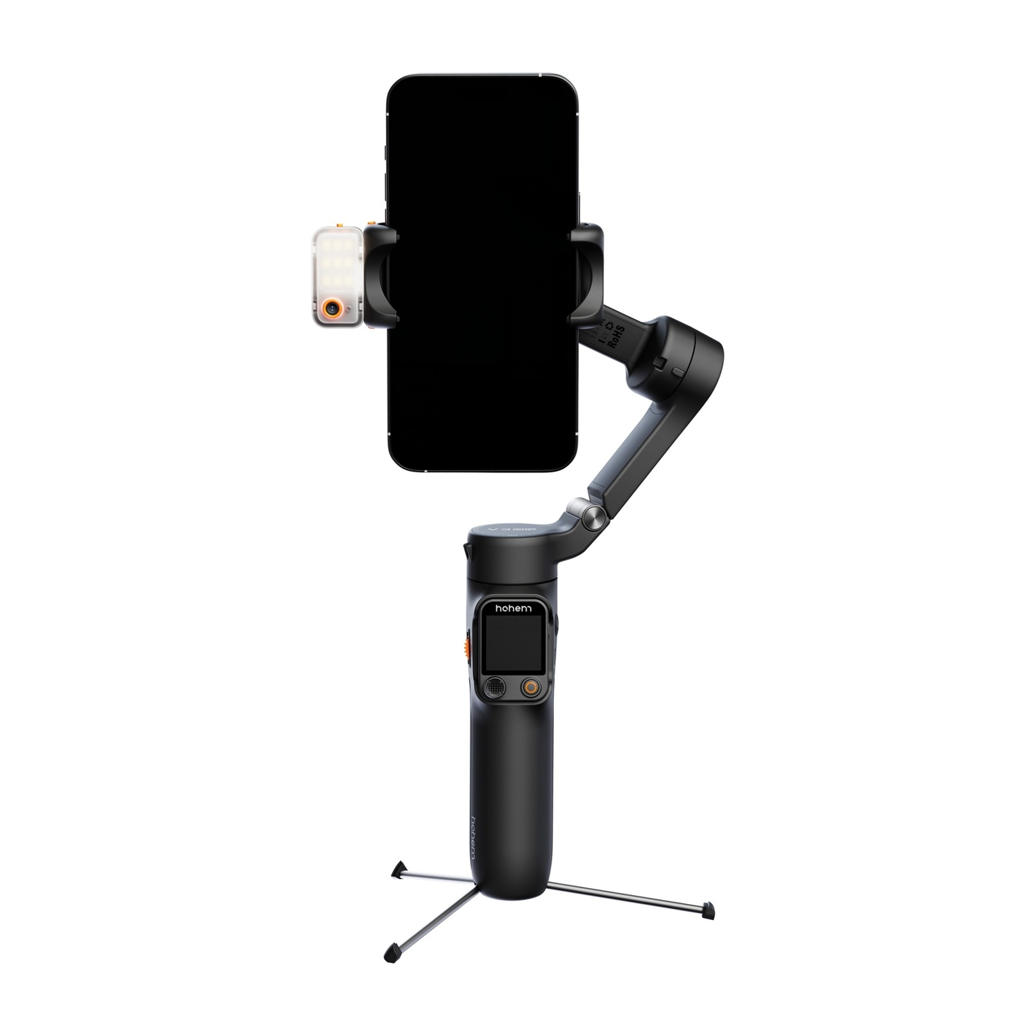 Uno smartphone nero è montato su un gimbal con una piccola luce. Il gimbal è su un treppiede, tutto su sfondo bianco.