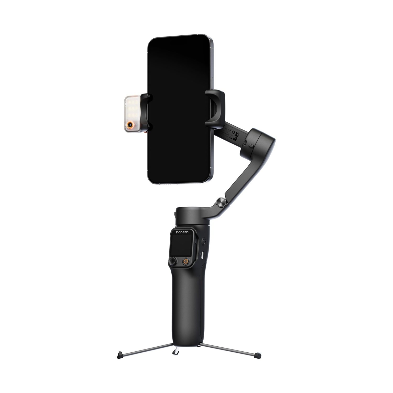 Uno smartphone nero è montato su uno stabilizzatore gimbal. Lo stabilizzatore ha un treppiede e una piccola luce.