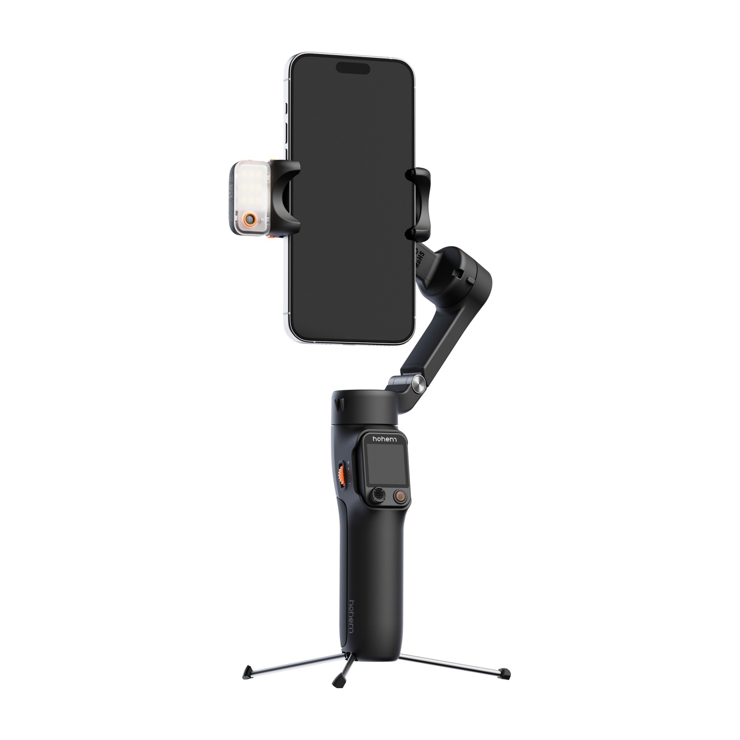 Uno smartphone nero è montato su uno stabilizzatore gimbal con una piccola luce collegata. Lo stabilizzatore ha un treppiede.