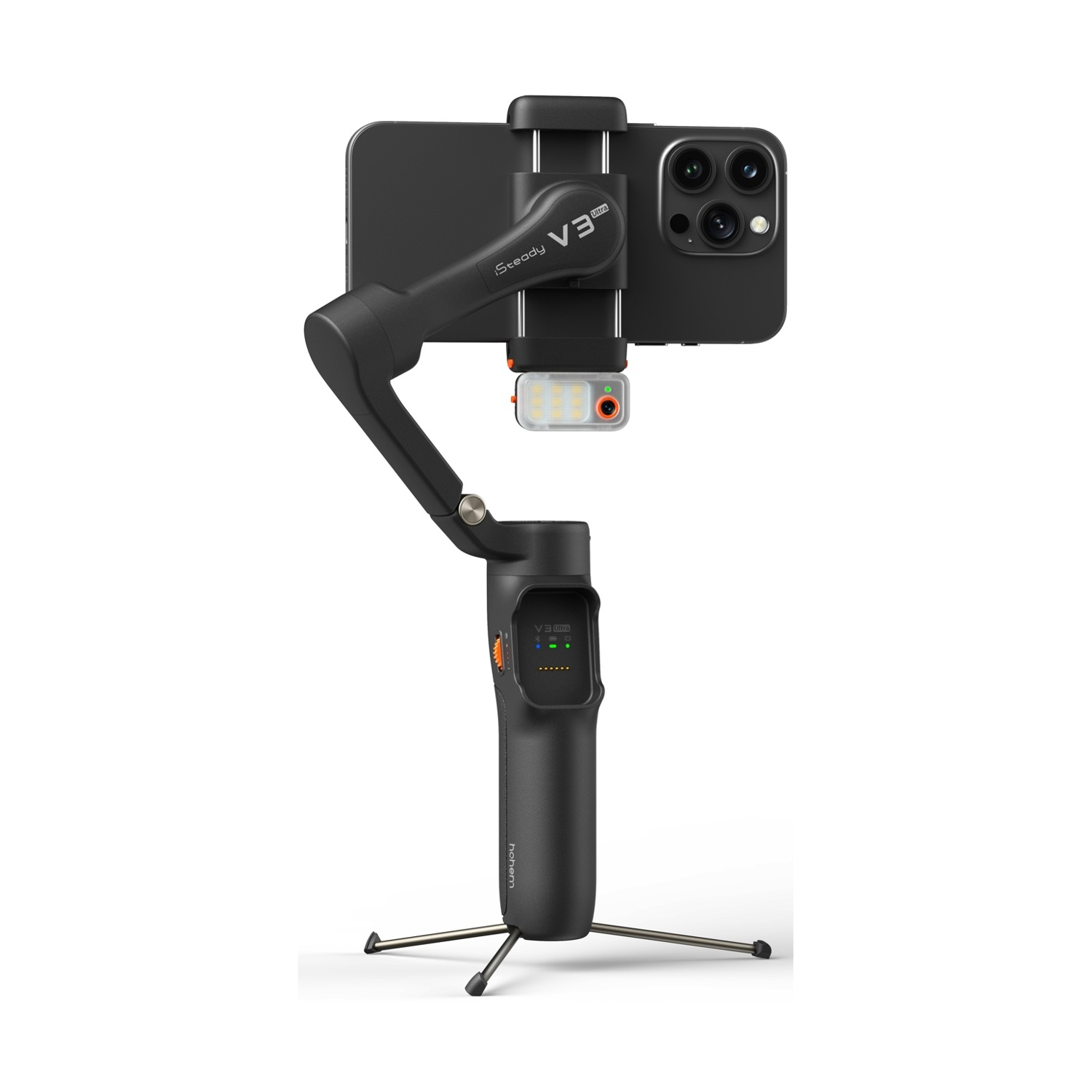 Uno smartphone nero è montato su uno stabilizzatore gimbal. Lo stabilizzatore ha una maniglia con un piccolo treppiede e luce.