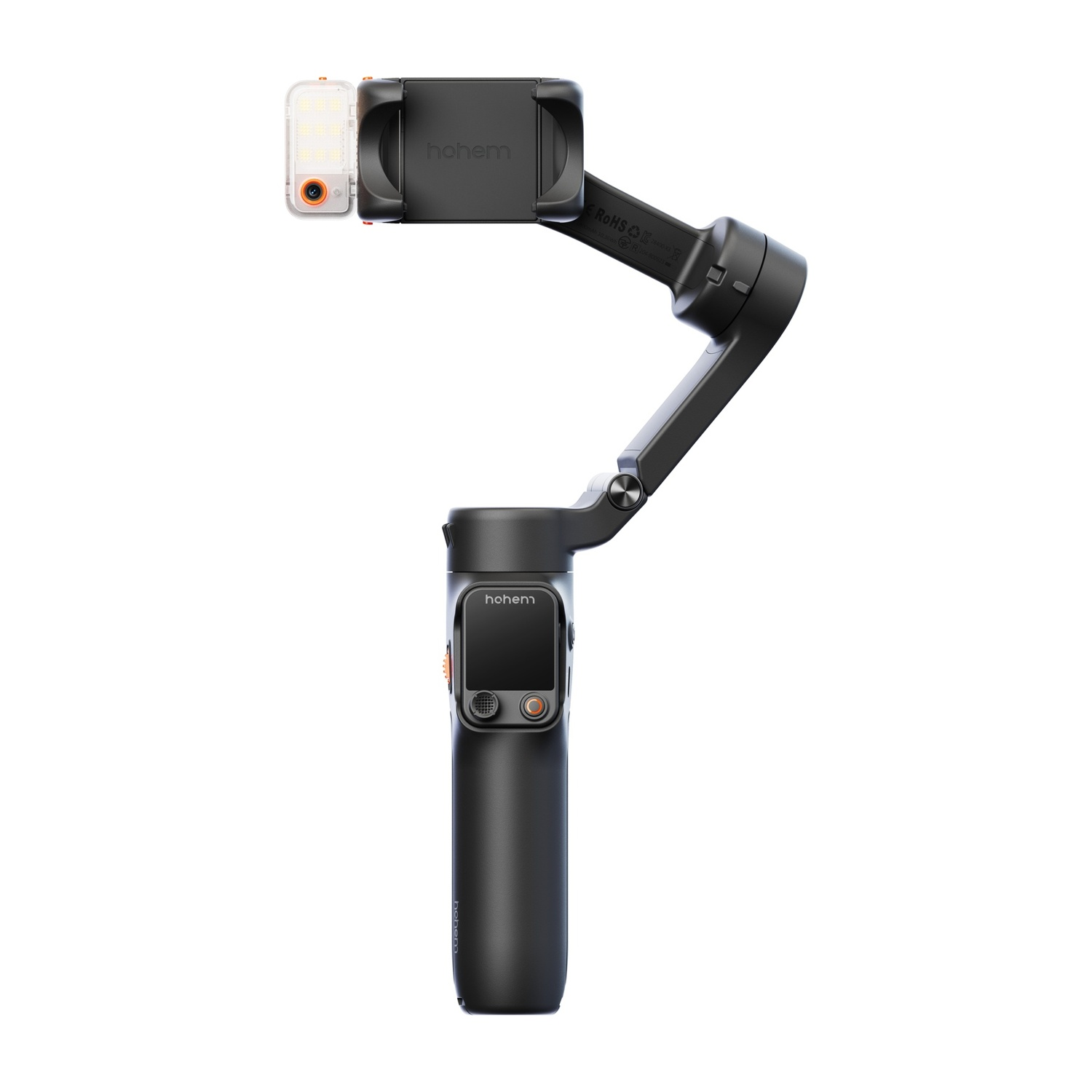 Uno stabilizzatore gimbal Hohem nero con supporto per telefono e accessorio luce su sfondo bianco. Ha un piccolo display.