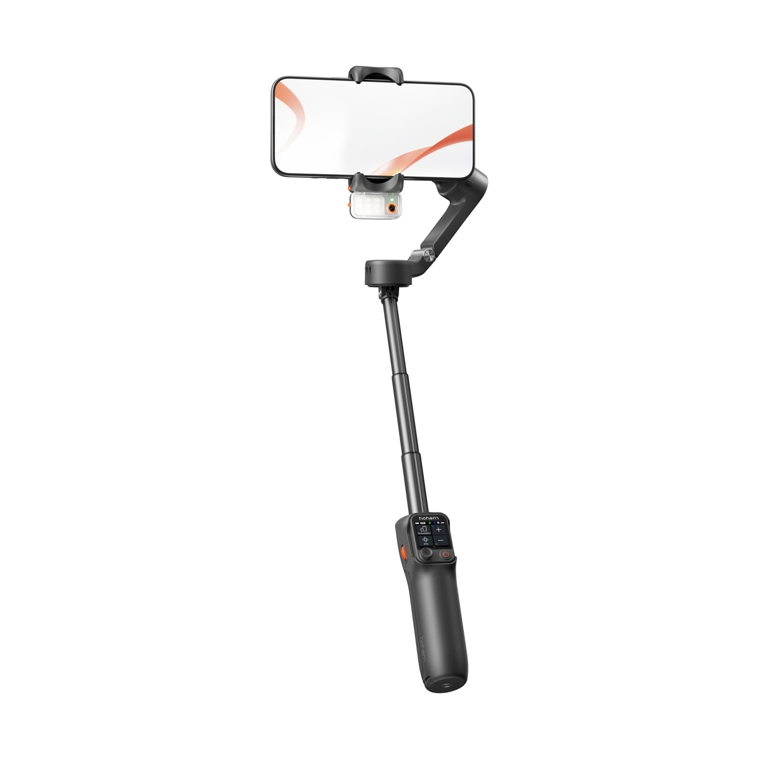 Uno stabilizzatore per smartphone nero con telefono, luce e pannello di controllo, su sfondo bianco.
