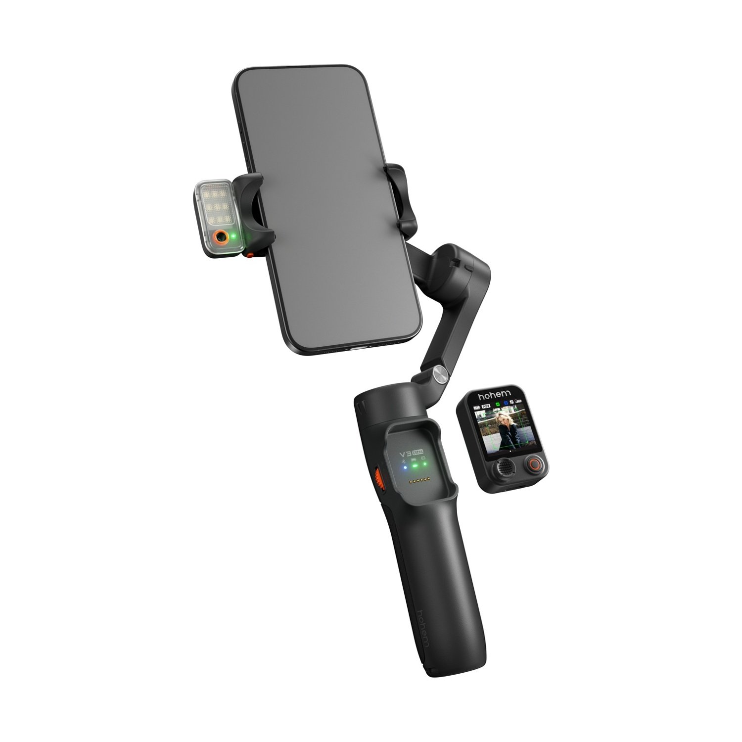 Uno stabilizzatore per telefono Hohem V3 Ultra nero con un telefono collegato, insieme a un piccolo telecomando e una luce.