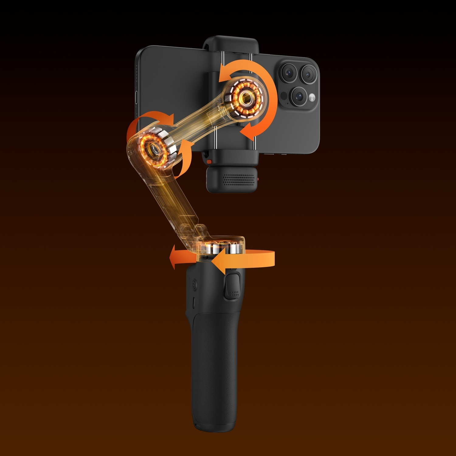 Uno smartphone nero attaccato a un gimbal con frecce arancioni che indicano il movimento. Lo sfondo è marrone.