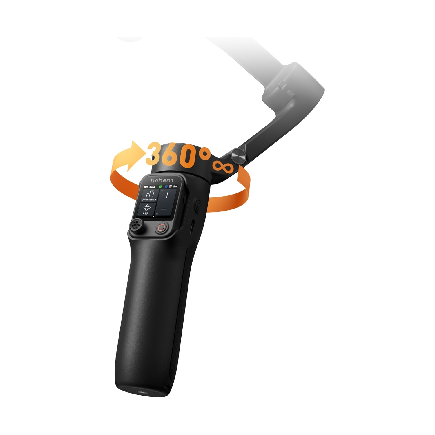Gimbal portatile nero con freccia arancione a 360 gradi. Il gimbal ha pulsanti, uno schermo e un'impugnatura. Sfondo bianco.