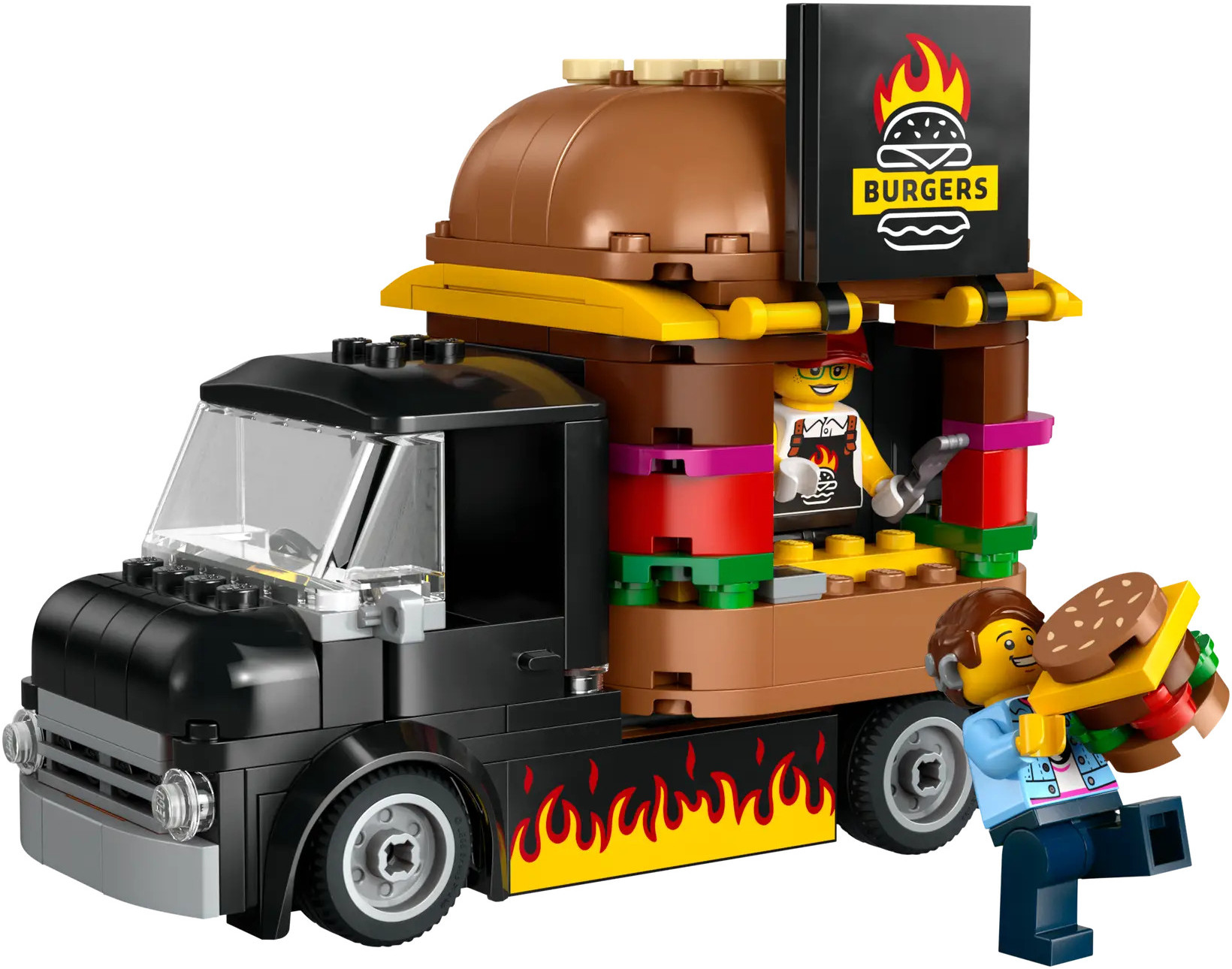 Lego ciężarówka z burgerami ze znakiem burgera, kierowcą ciężarówki i klientem trzymającym burgera.
