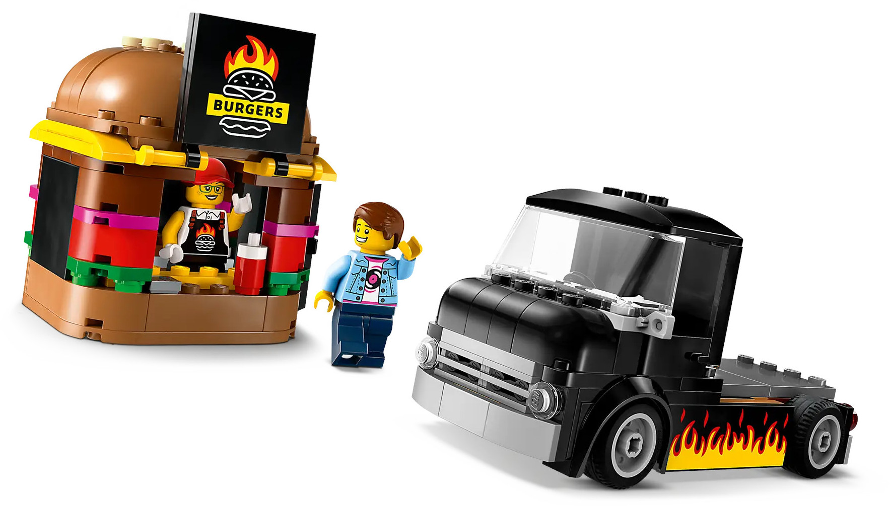 Sklep z burgerami Lego i czarny samochód ciężarowy. Postacie machają. Sklep ma szyld z burgerem. Samochód ma płomienie.