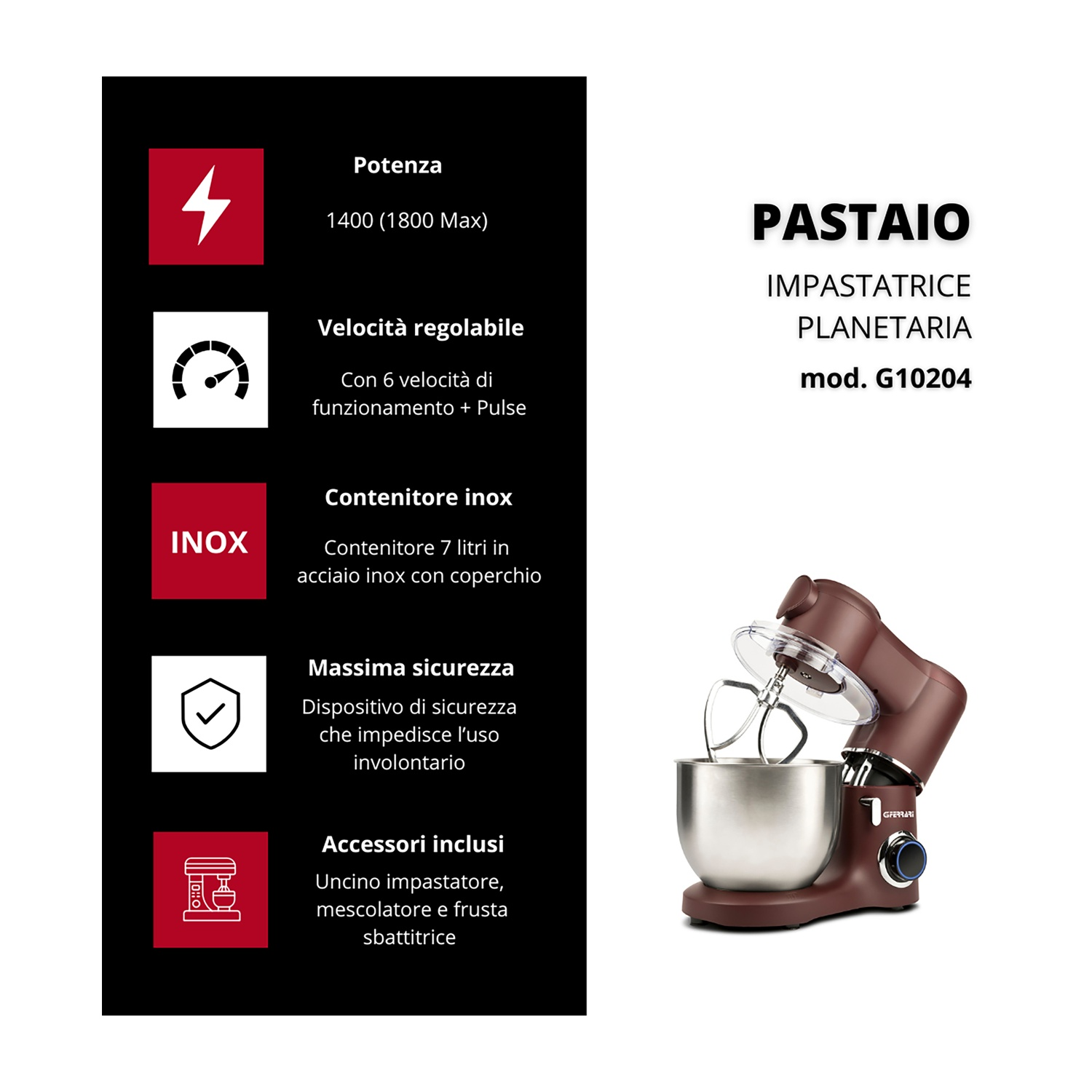 Un'impastatrice marrone con una ciotola e accessori in acciaio inossidabile è in mostra. Il testo mostra potenza, velocità, caratteristiche di sicurezza e accessori.