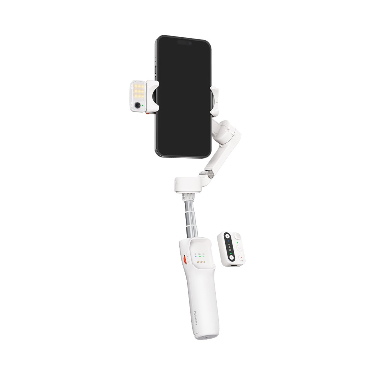 Uno stabilizzatore per telefono bianco con uno smartphone collegato, una piccola luce e un telecomando, il tutto su sfondo bianco.