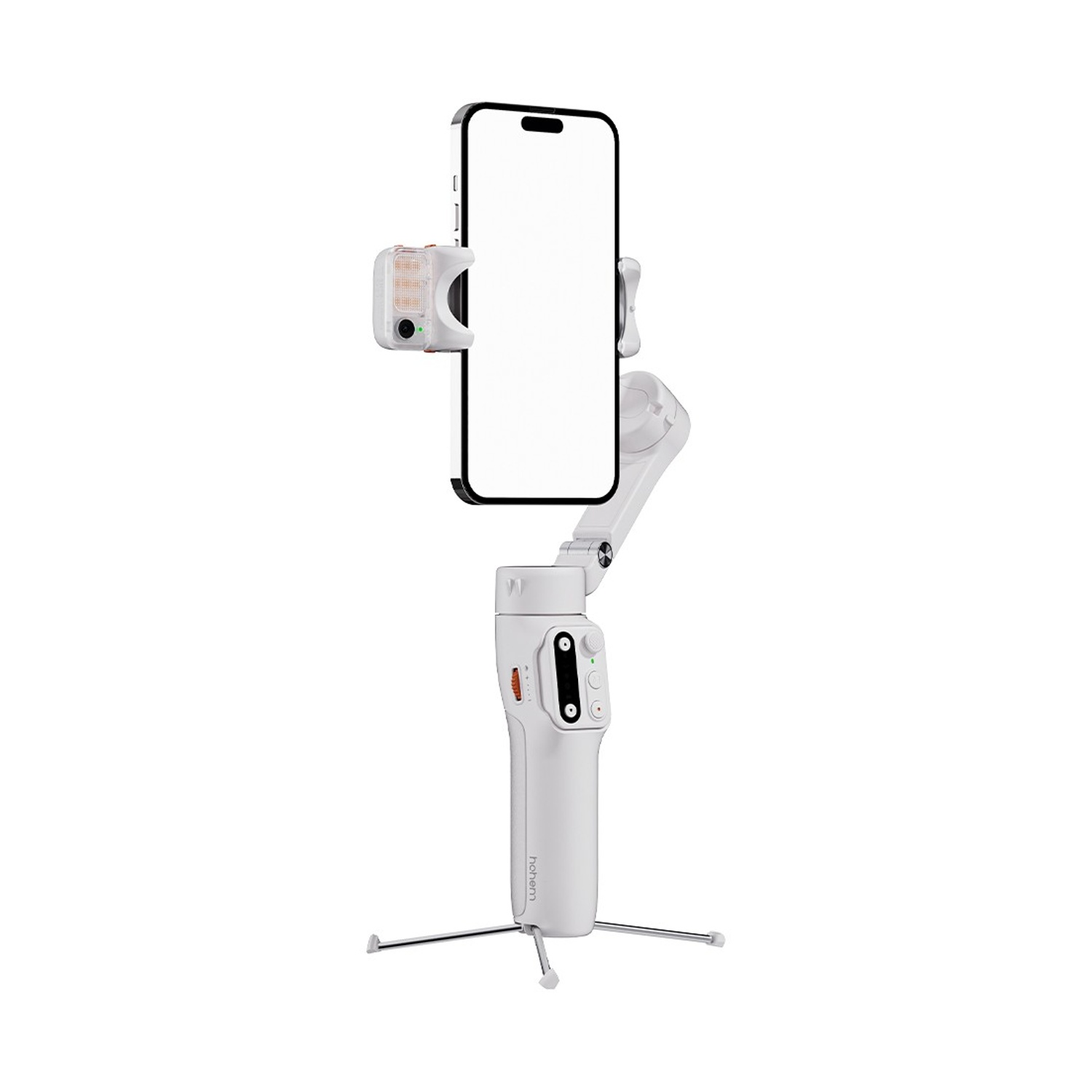 Uno stabilizzatore per telefono bianco tiene un telefono. Una piccola luce e pulsanti sono sull'impugnatura. Si trova su un piccolo treppiede.