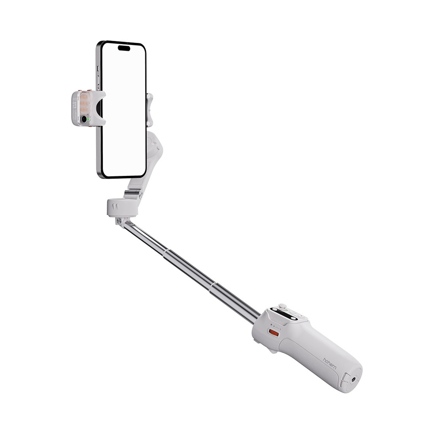 Un gimbal bianco per telefono tiene un telefono con schermo vuoto. Il gimbal si estende fino a un'impugnatura, etichettata 'hohem', su sfondo bianco.