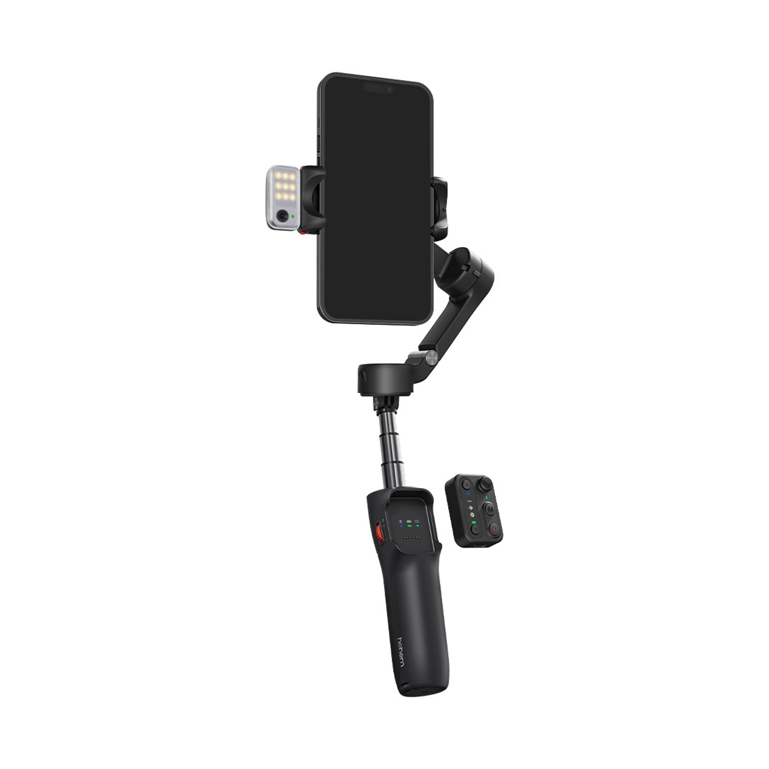 Uno smartphone nero è montato su uno stabilizzatore gimbal. È attaccata una luce LED. Sono visibili anche un telecomando e l'impugnatura.