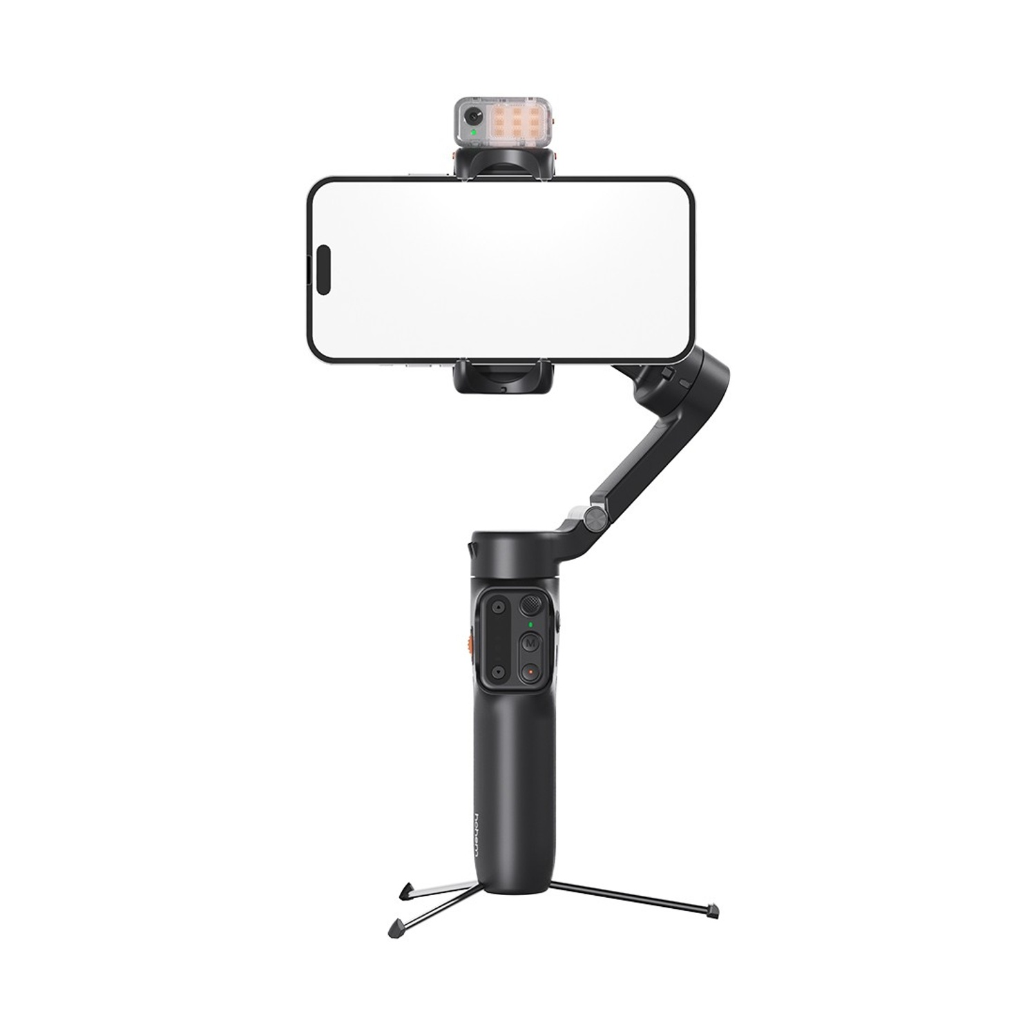 Un gimbal per smartphone nero su sfondo bianco. Tiene un telefono con schermo vuoto e ha una luce sopra. È attaccato un piccolo treppiede.