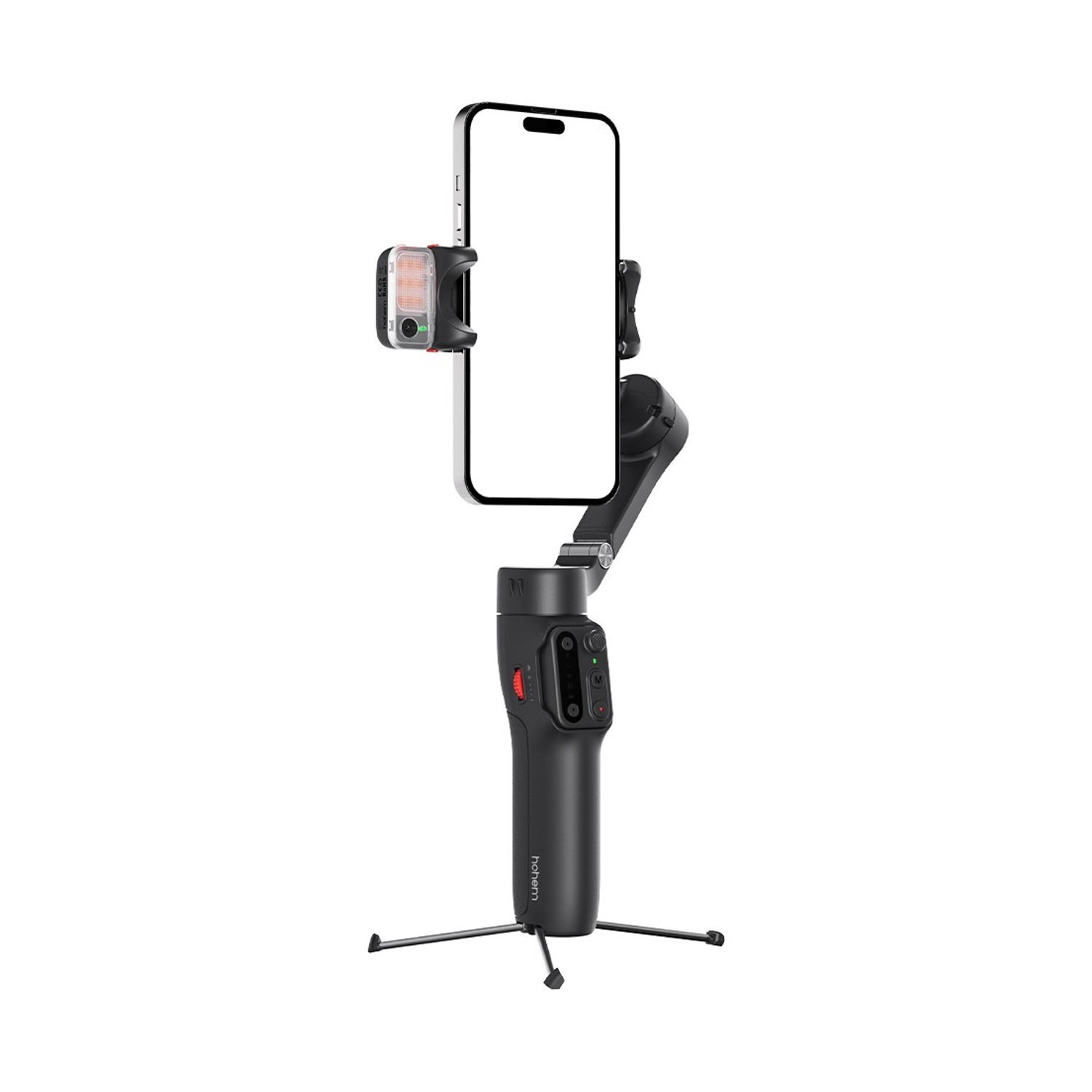 Uno smartphone nero attaccato a un gimbal con luce e treppiede. Lo schermo del telefono è vuoto.