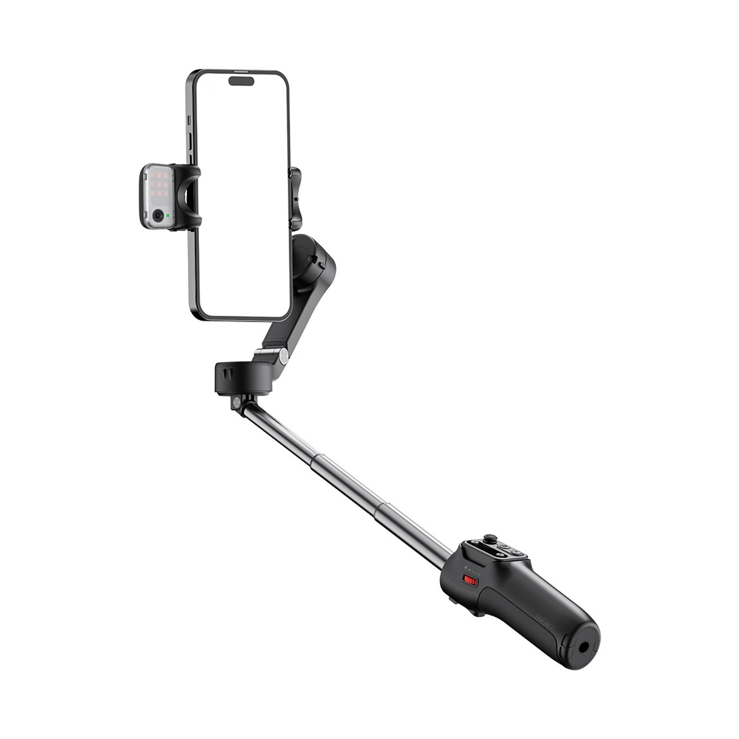 Uno smartphone nero è montato su un selfie stick. È presente una piccola luce. Lo stick ha un'impugnatura di controllo.