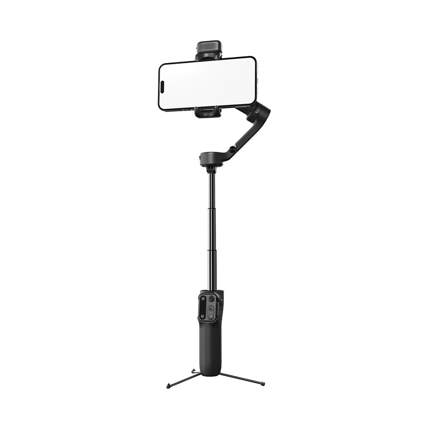 Uno stabilizzatore per smartphone nero con telefono, microfono e treppiede. Lo schermo del telefono è vuoto.