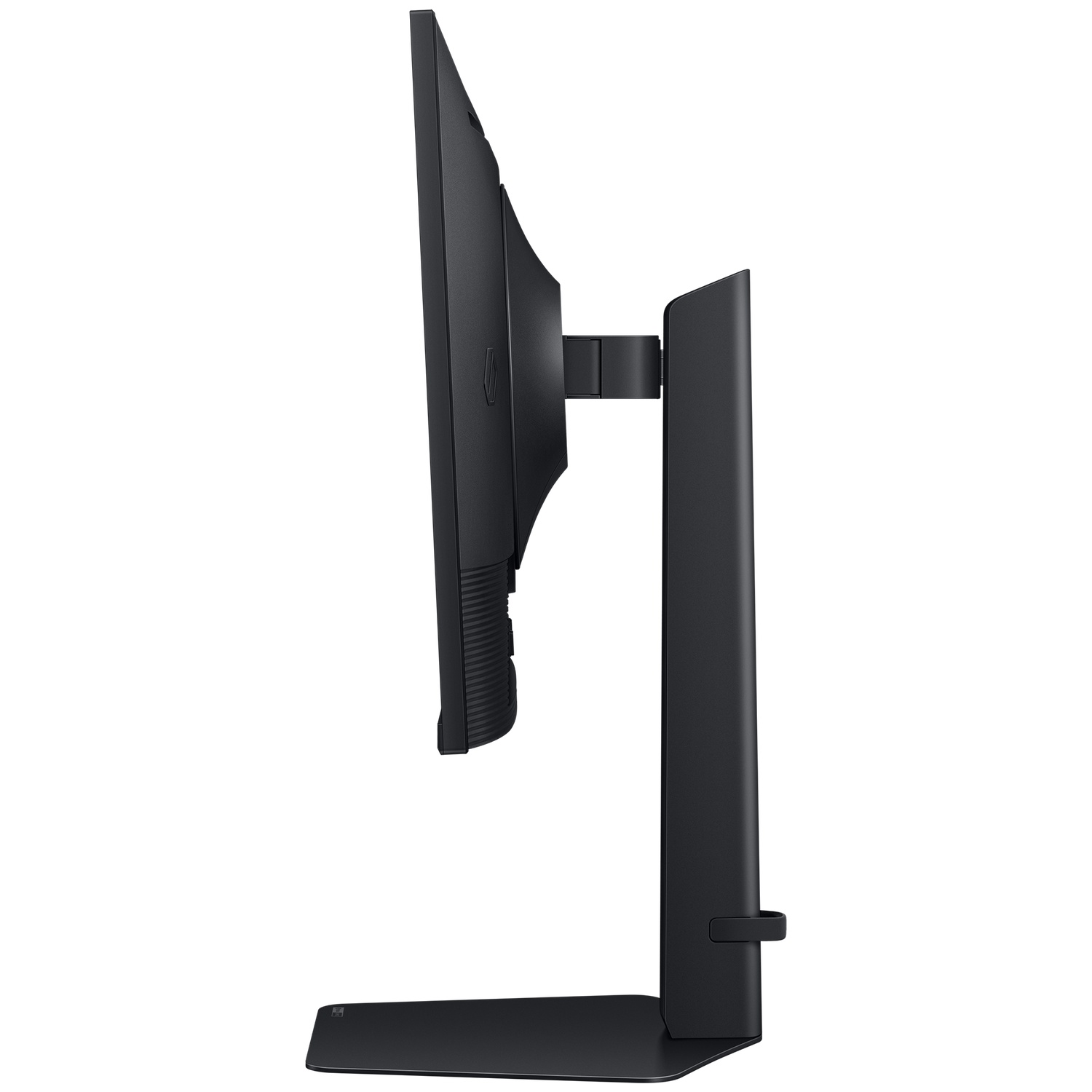Zijaanzicht van een zwarte computermonitor. Hij staat op een standaard en het scherm is naar buiten gericht. De monitor is zwart.