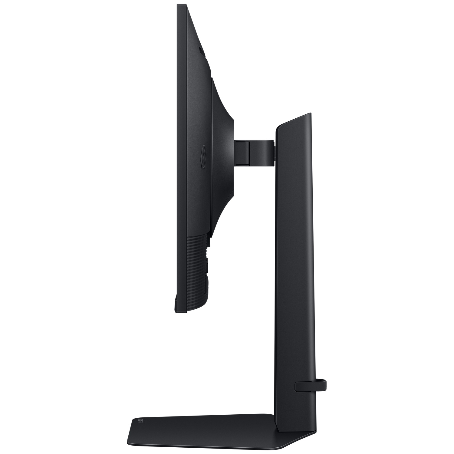 Zijaanzicht van een zwarte computermonitor. Het heeft een rechthoekig scherm, een standaard en een steunarm, allemaal in zwart.