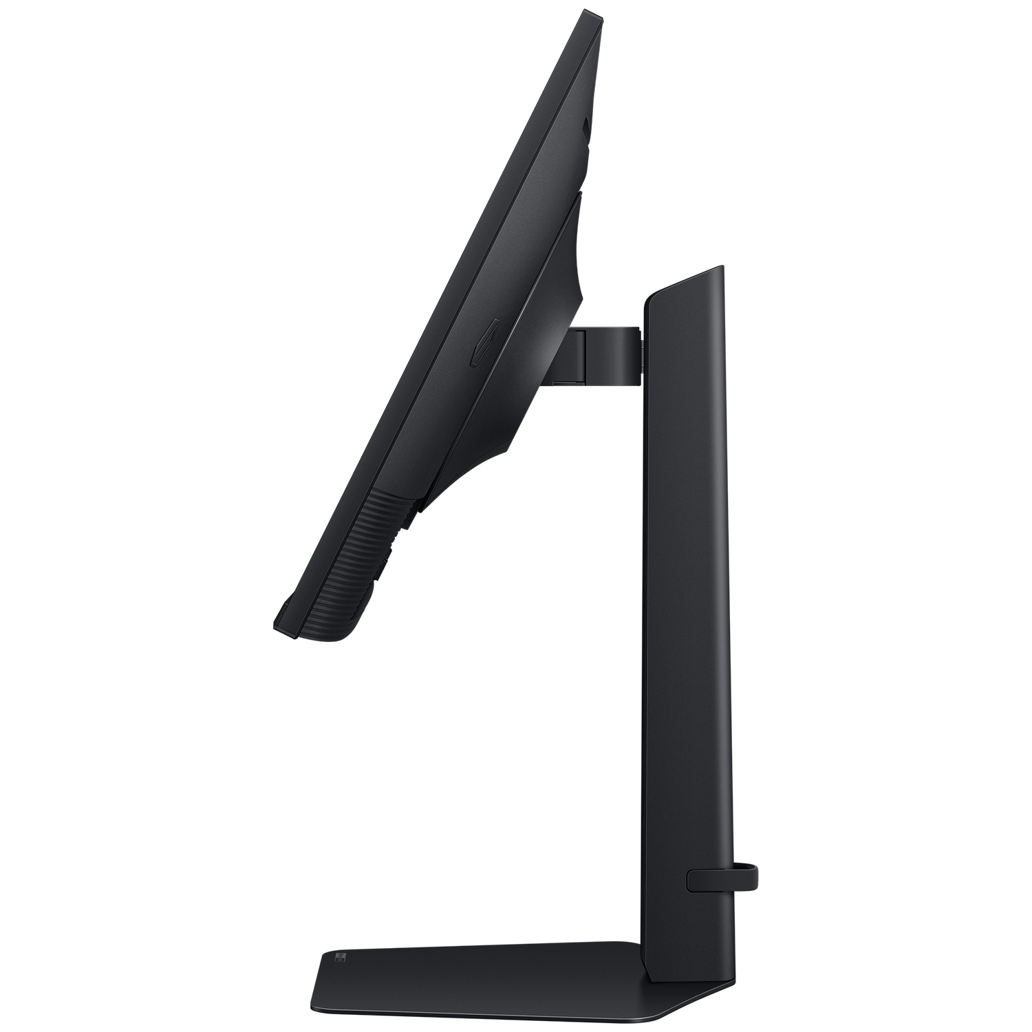 Een zwarte computermonitor in profiel, met het scherm, de standaard en de voet. De monitor is omhoog gekanteld, met een schone witte achtergrond.