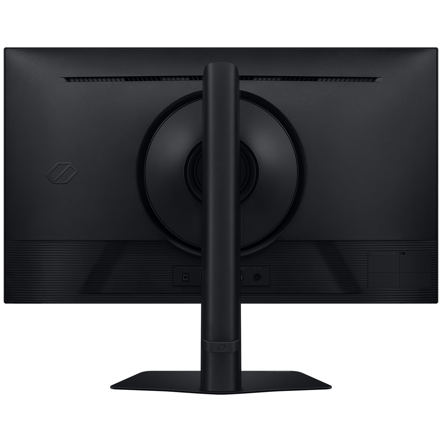 De achterkant van een zwarte computermonitor. Het heeft een centrale standaard, ventilatie en diverse poorten aan de onderkant.